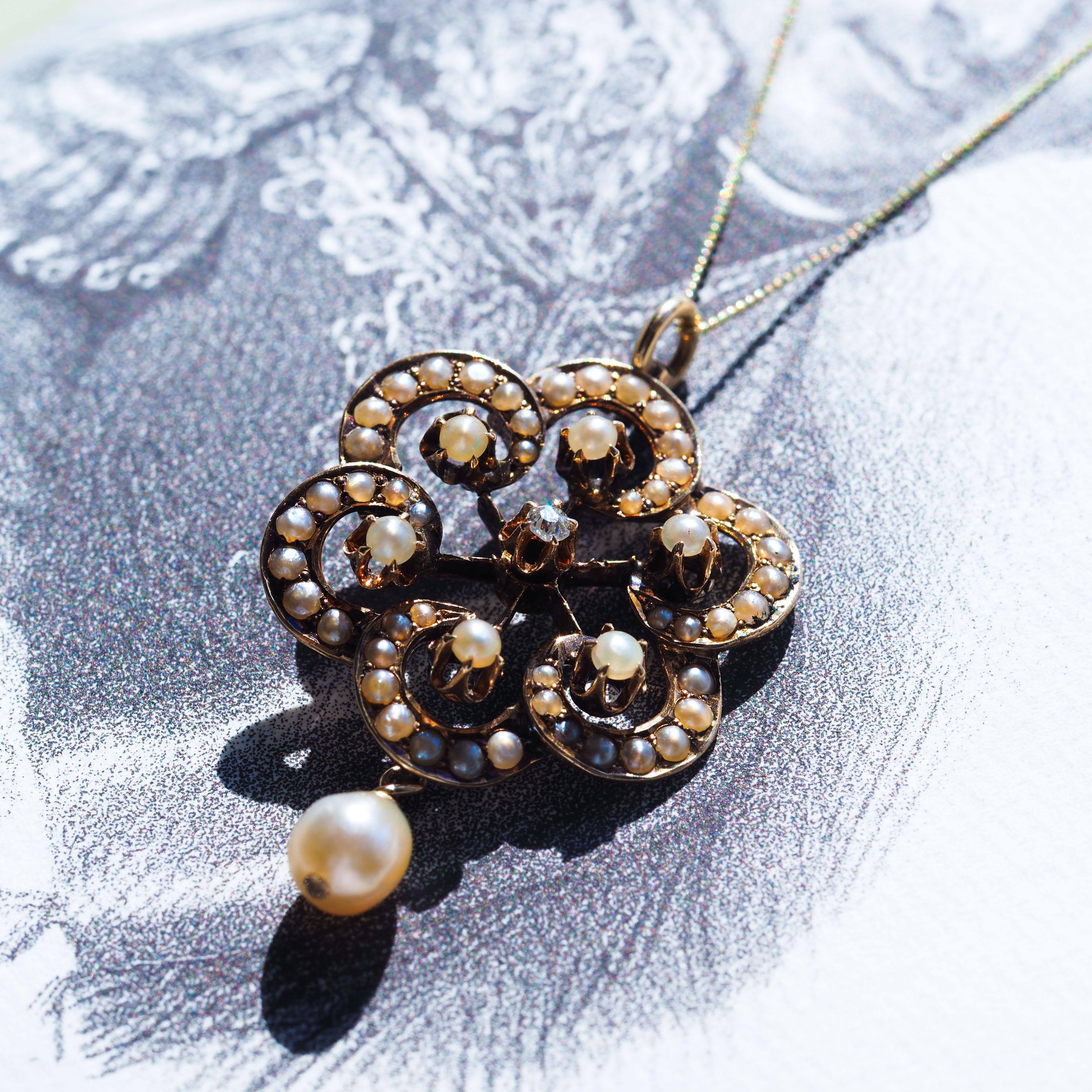 Antique Victorian Diamond & Pearl Pendant Necklace 14K Gold - c.1900 For Sale 10