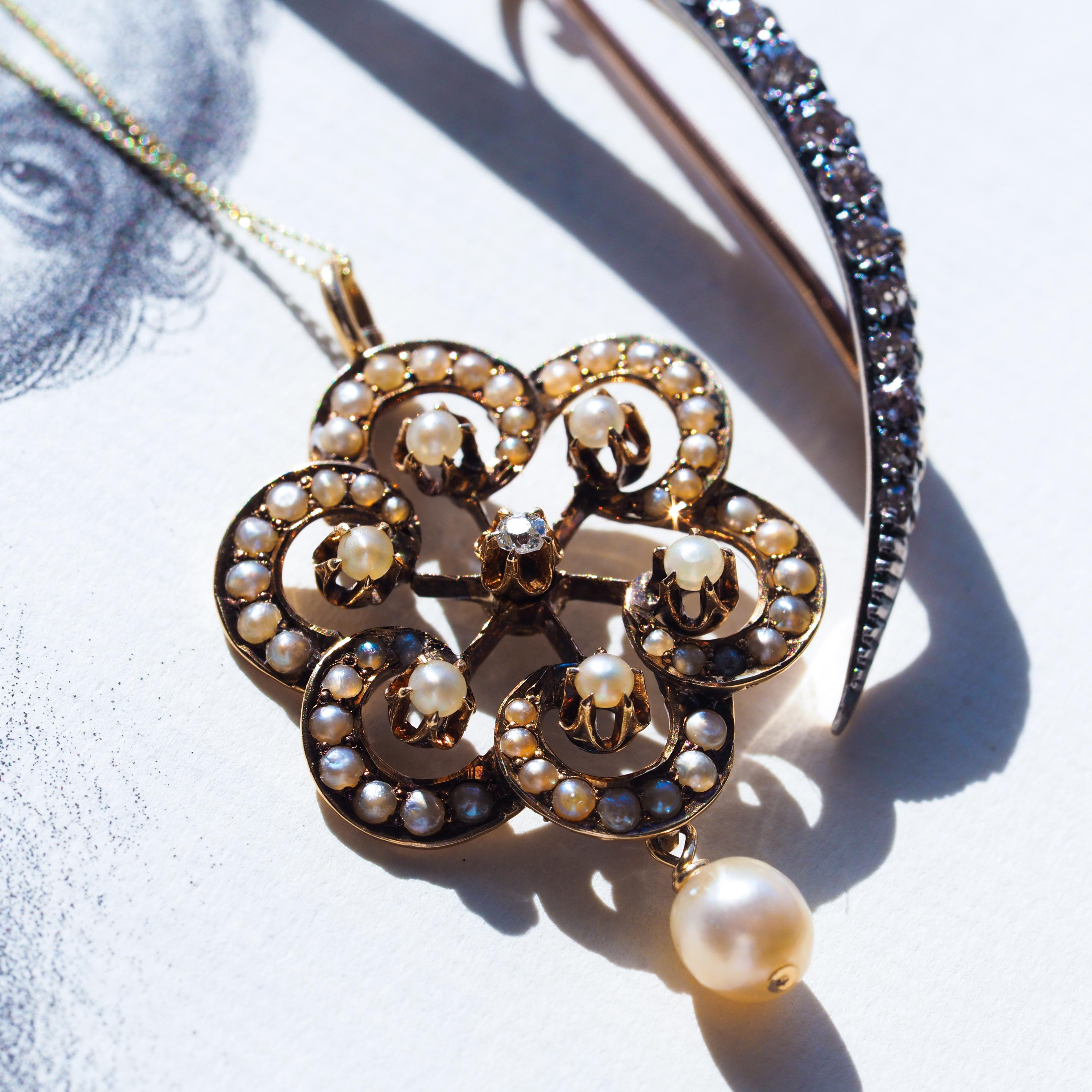 Antique Victorian Diamond & Pearl Pendant Necklace 14K Gold - c.1900 For Sale 11