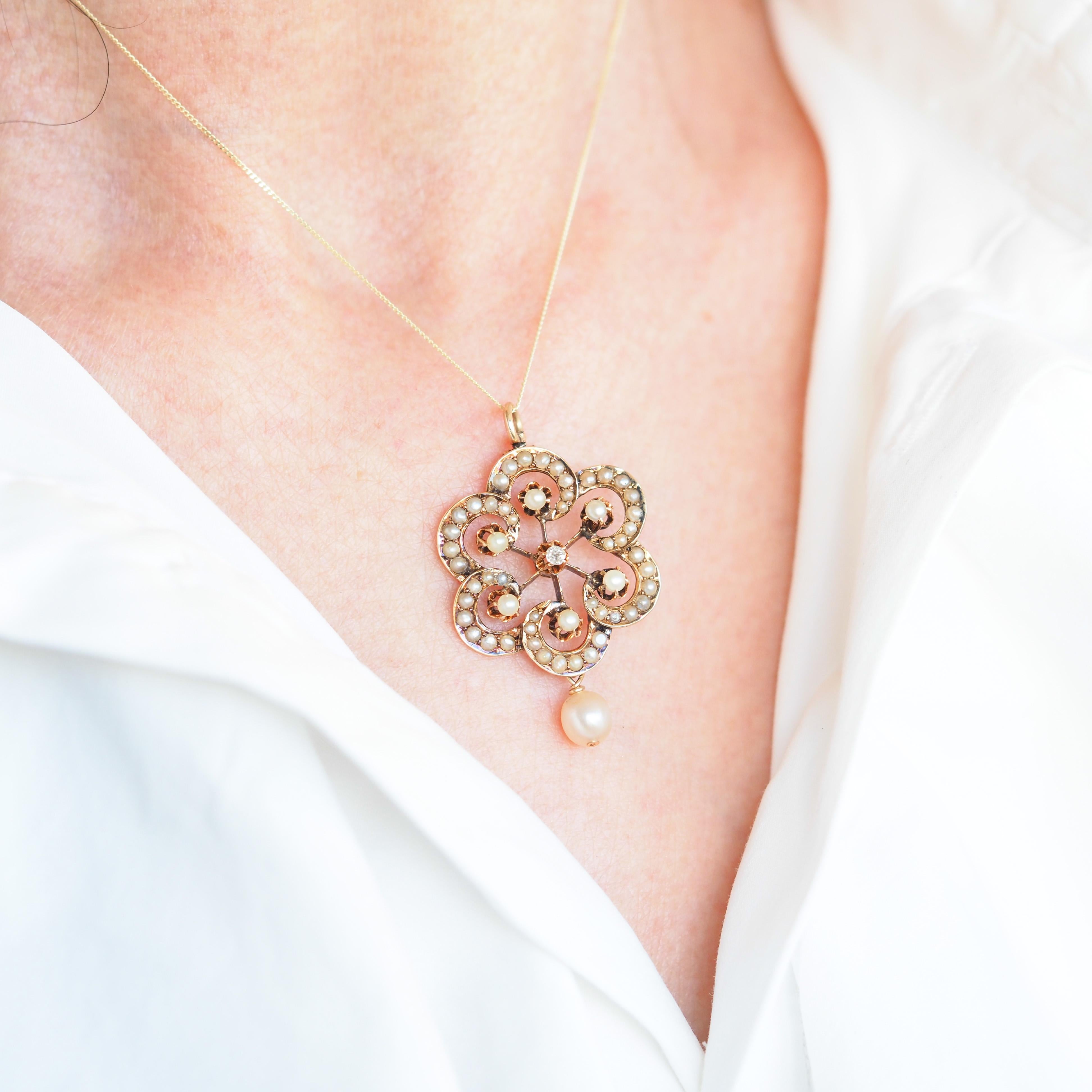 Antique Victorian Diamond & Pearl Pendant Necklace 14K Gold - c.1900 For Sale 13