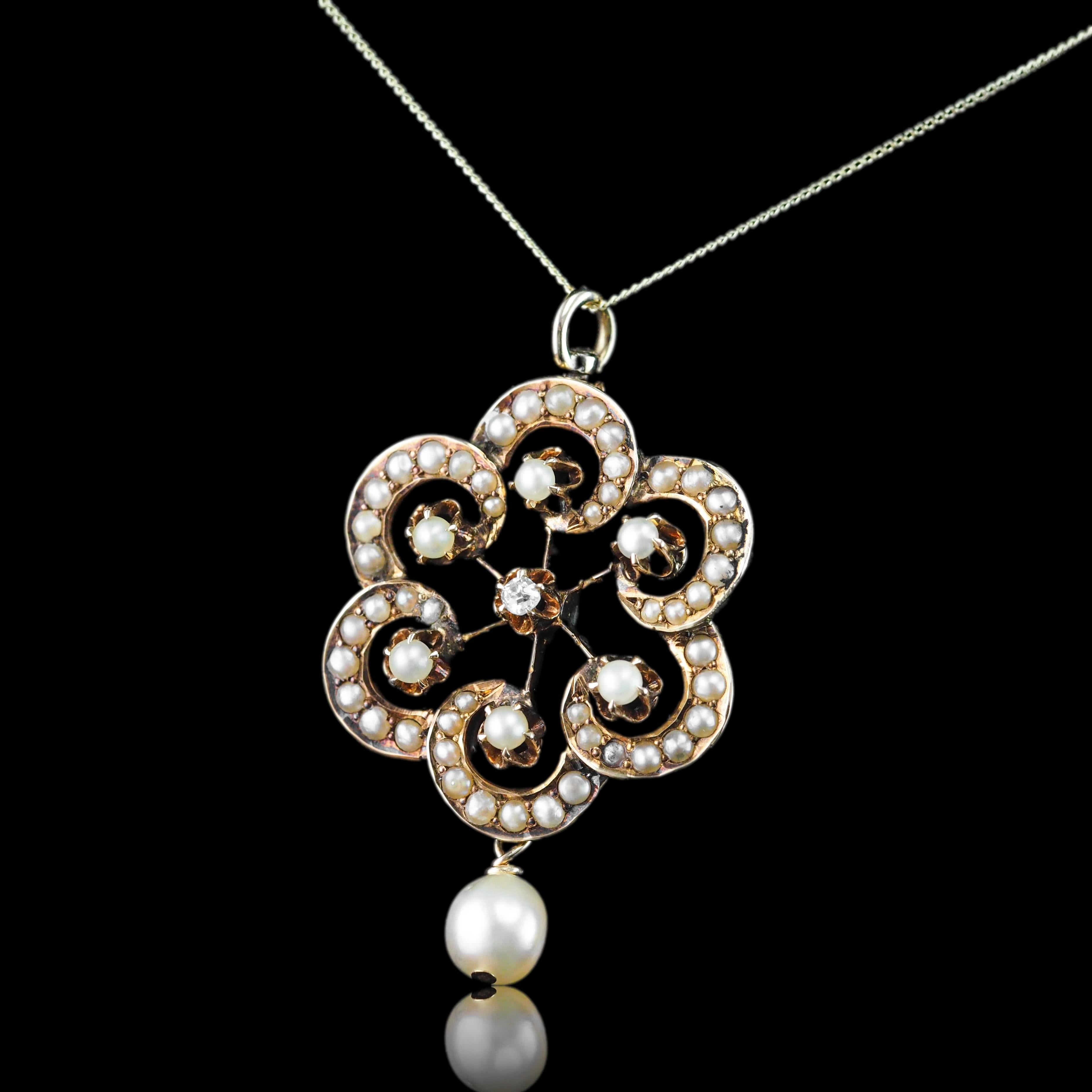 Antique Victorian Diamond & Pearl Pendant Necklace 14K Gold - c.1900 For Sale 1