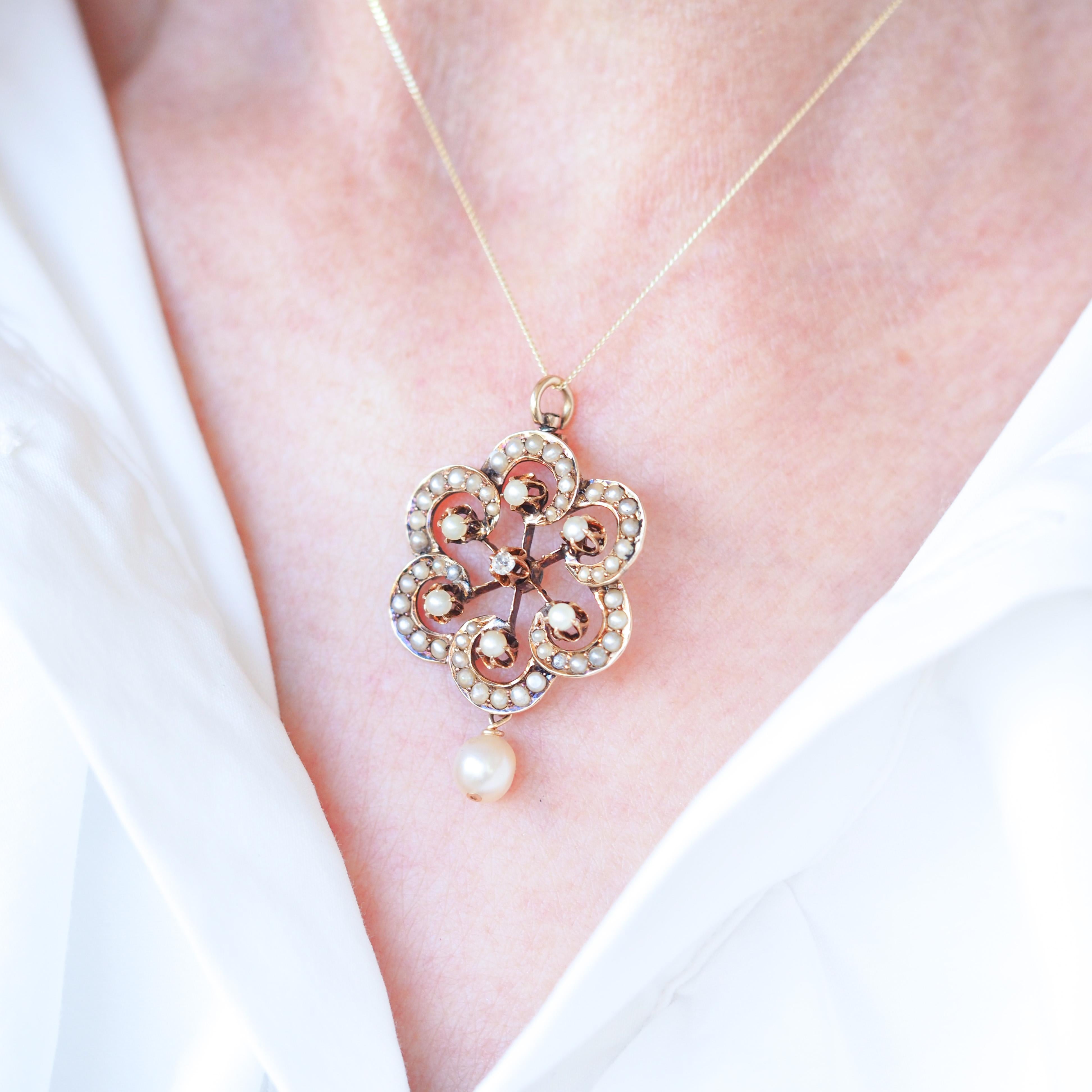 Round Cut Antique Victorian Diamond & Pearl Pendant Necklace 14K Gold - c.1900 For Sale