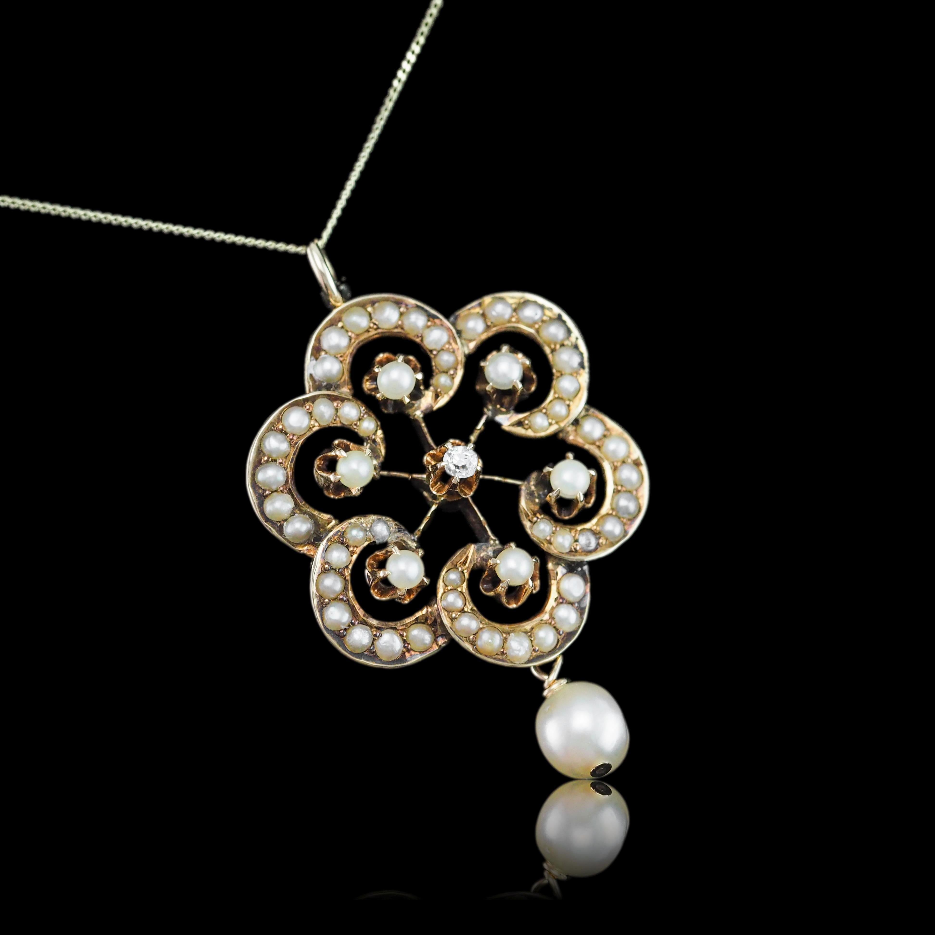 Antique Victorian Diamond & Pearl Pendant Necklace 14K Gold - c.1900 For Sale 3
