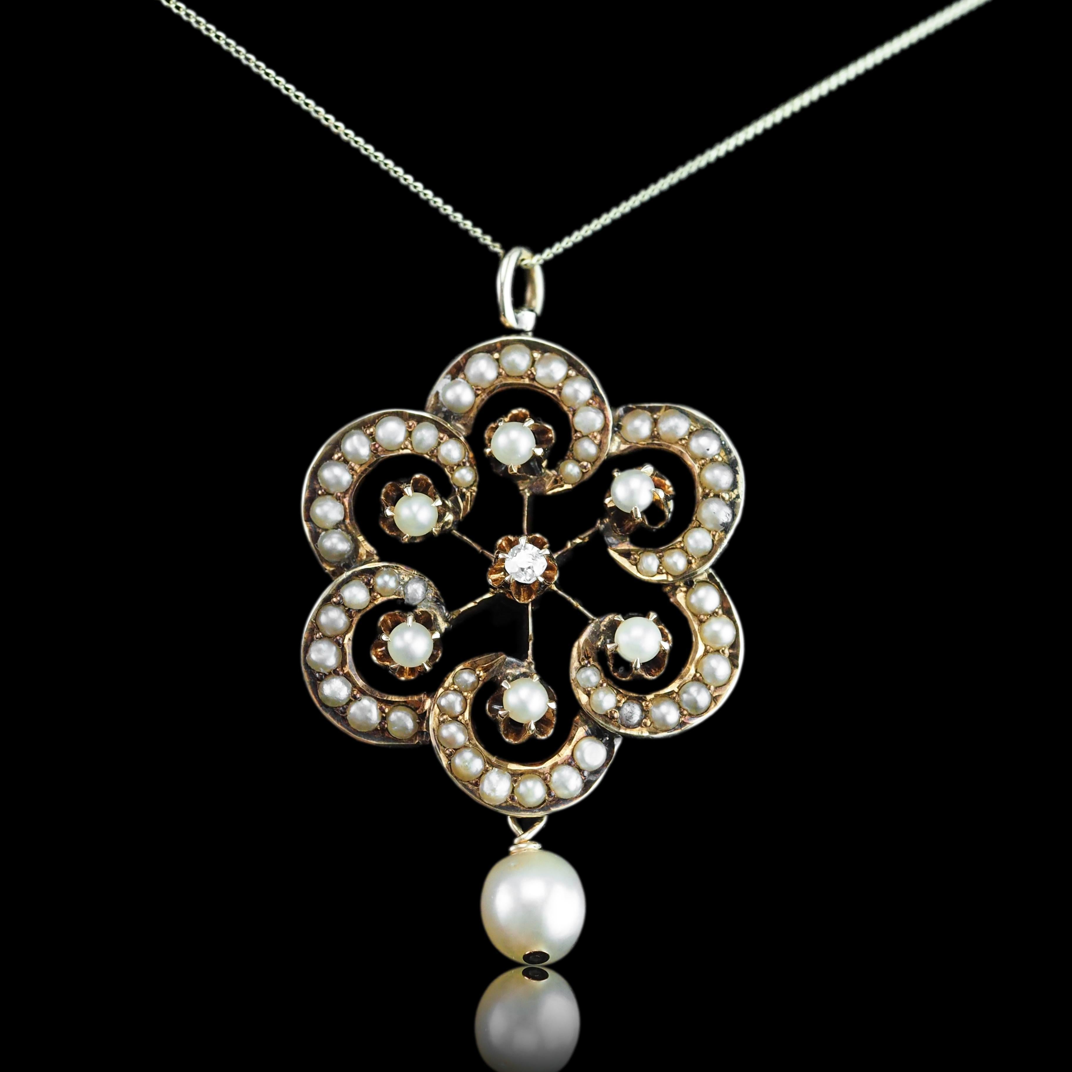 Antique Victorian Diamond & Pearl Pendant Necklace 14K Gold - c.1900 For Sale 5