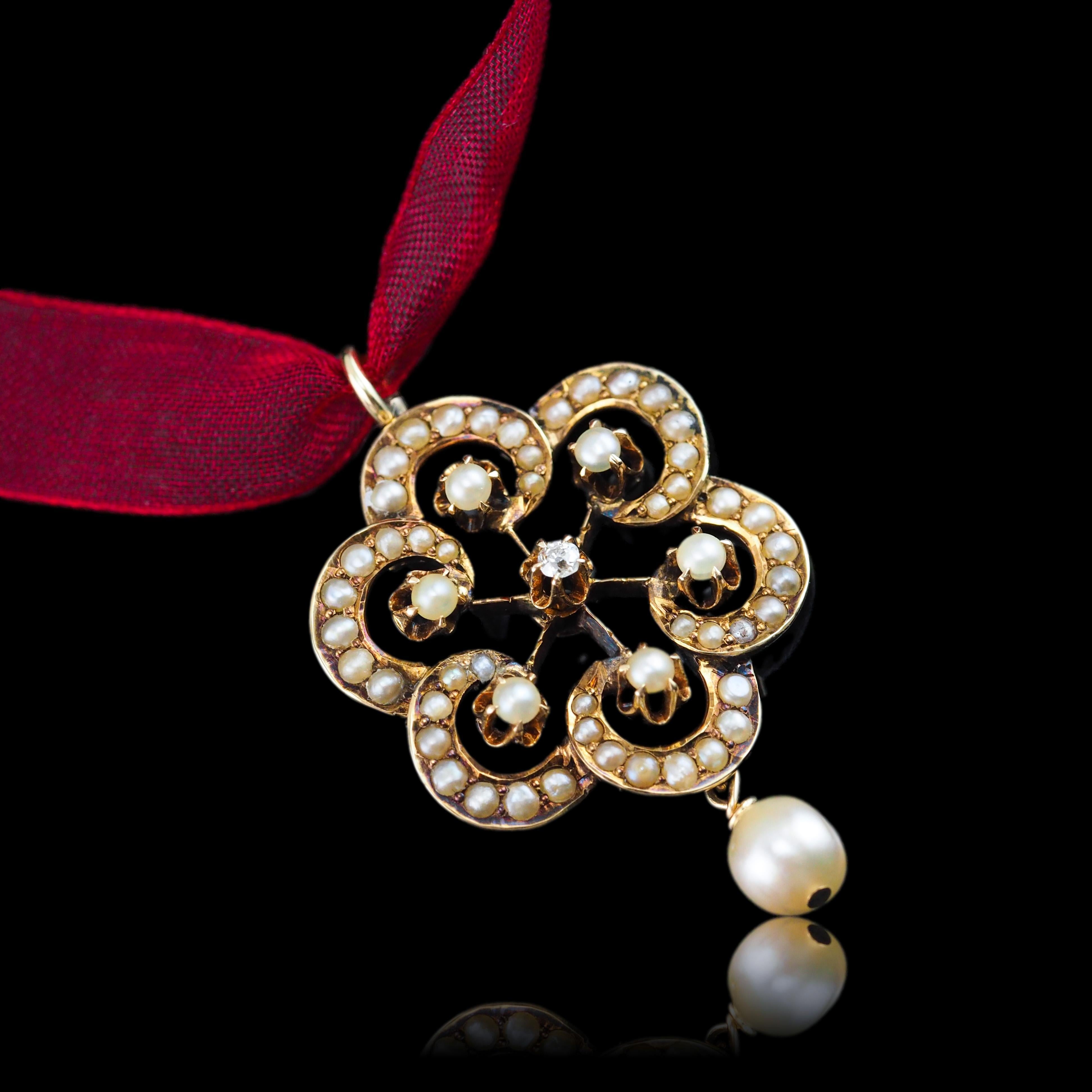 Antique Victorian Diamond & Pearl Pendant Necklace 14K Gold - c.1900 For Sale 6