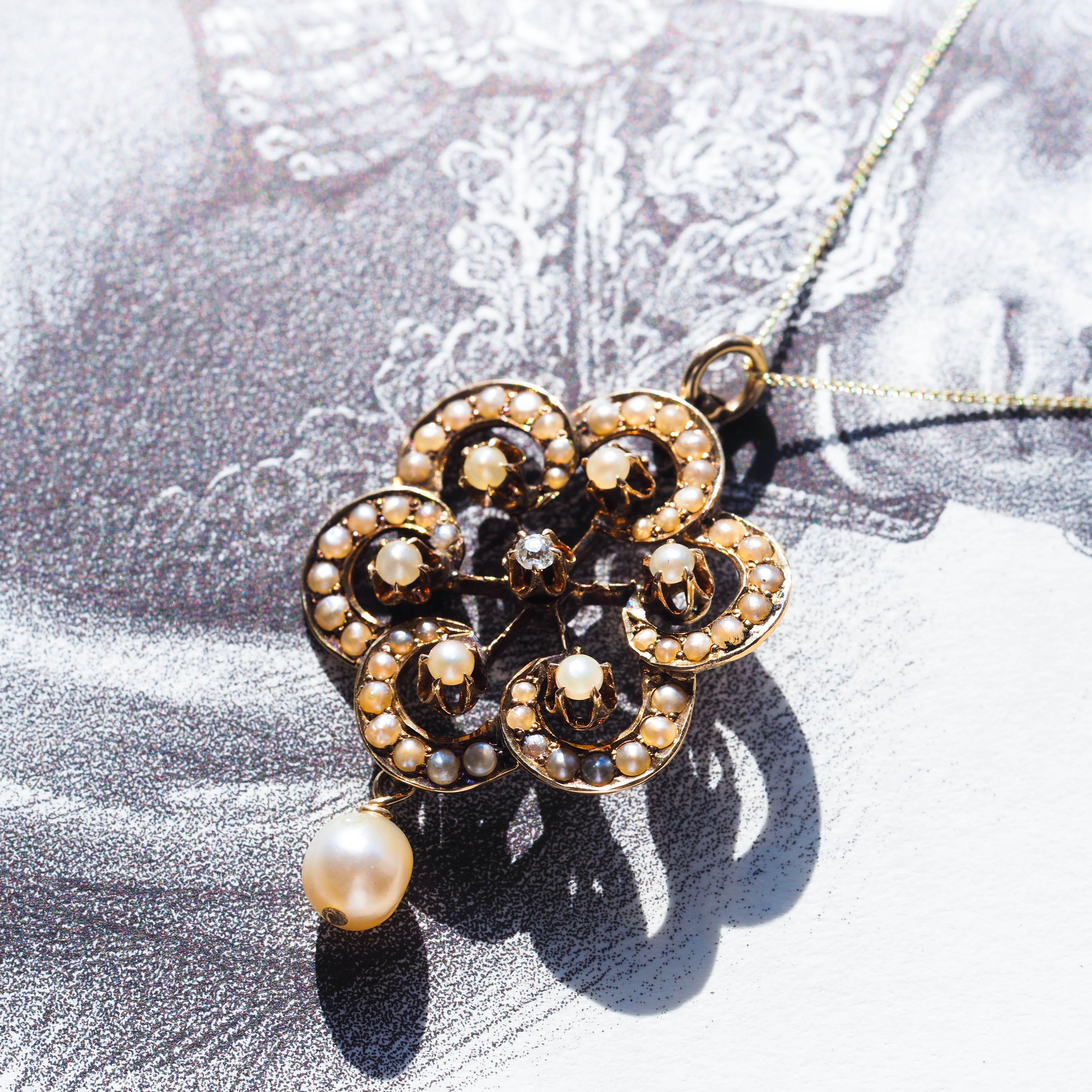 Antique Victorian Diamond & Pearl Pendant Necklace 14K Gold - c.1900 For Sale 7