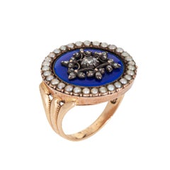Antique Victorian Diamond Pearl Ring 10k Rose Gold Sz 5 Blue Enamel Jewelry