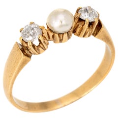 Antique Victorian Diamond Pearl Ring 14k Yellow Gold 3 Stone Vintage