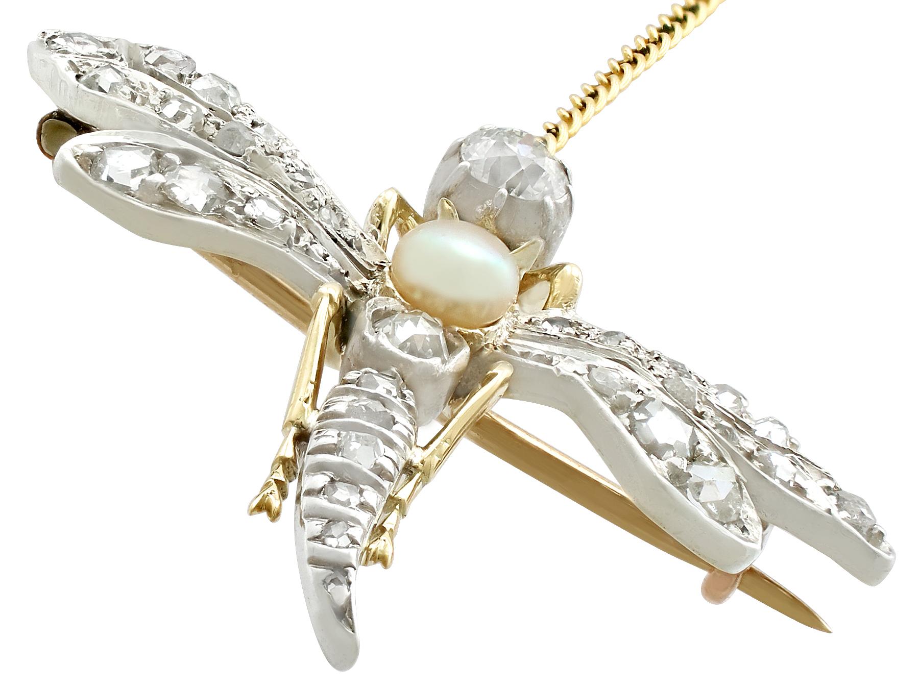 Round Cut Antique Victorian Diamond Pearl Ruby and Yellow Gold Dragonfly Brooch For Sale
