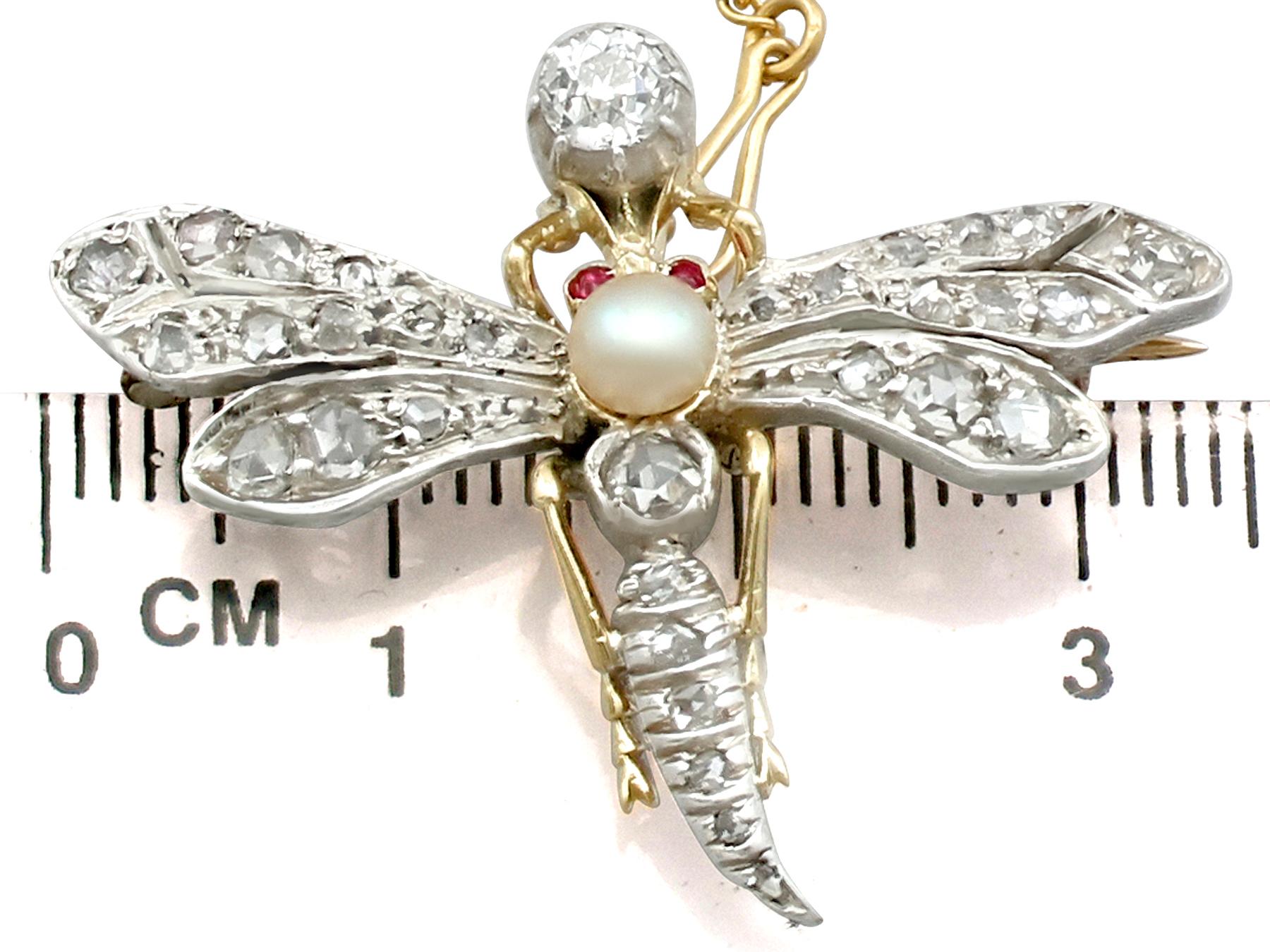 Antique Victorian Diamond Pearl Ruby and Yellow Gold Dragonfly Brooch In Excellent Condition For Sale In Jesmond, Newcastle Upon Tyne