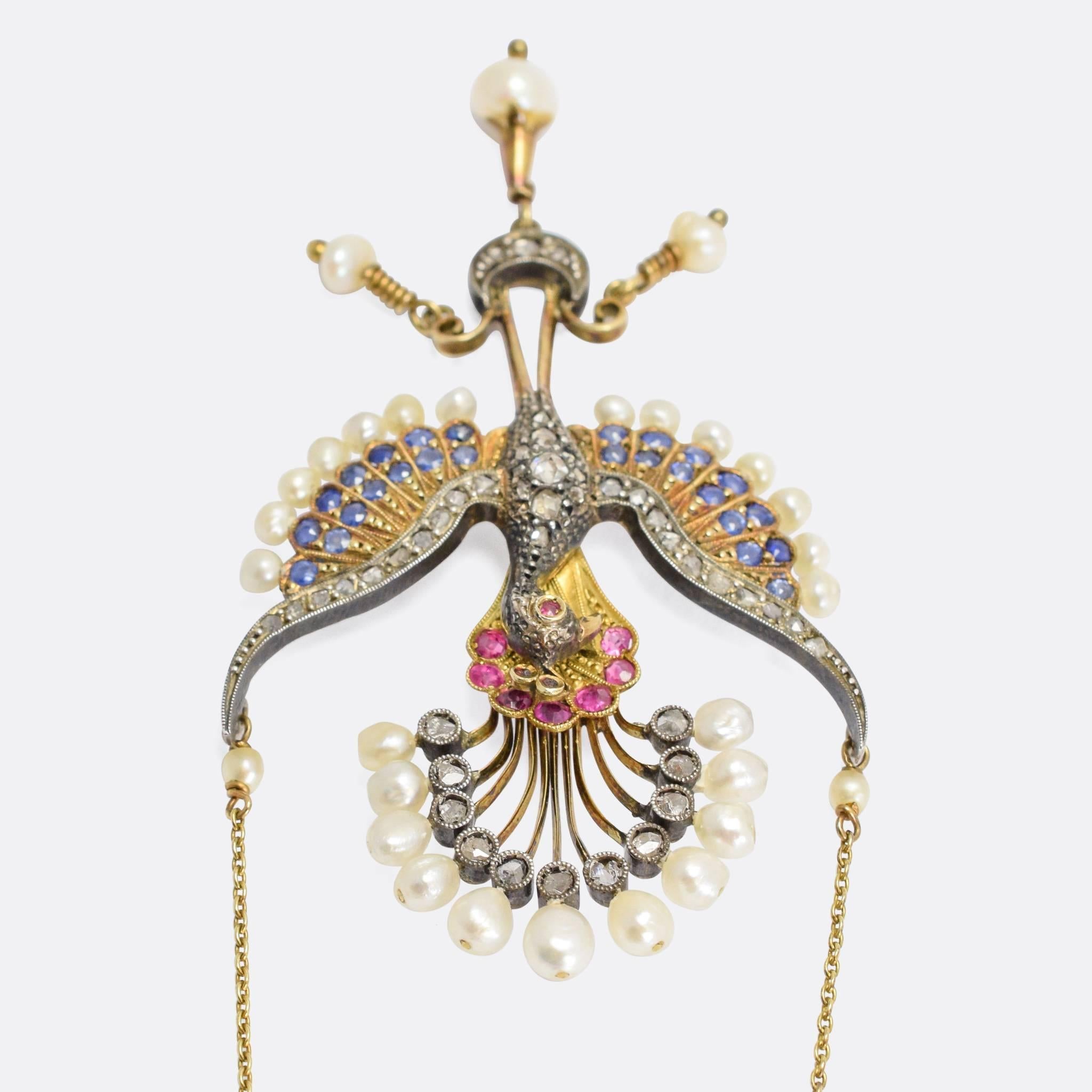 Women's Antique Victorian Diamond Pearl Sapphire Ruby Peacock Necklace
