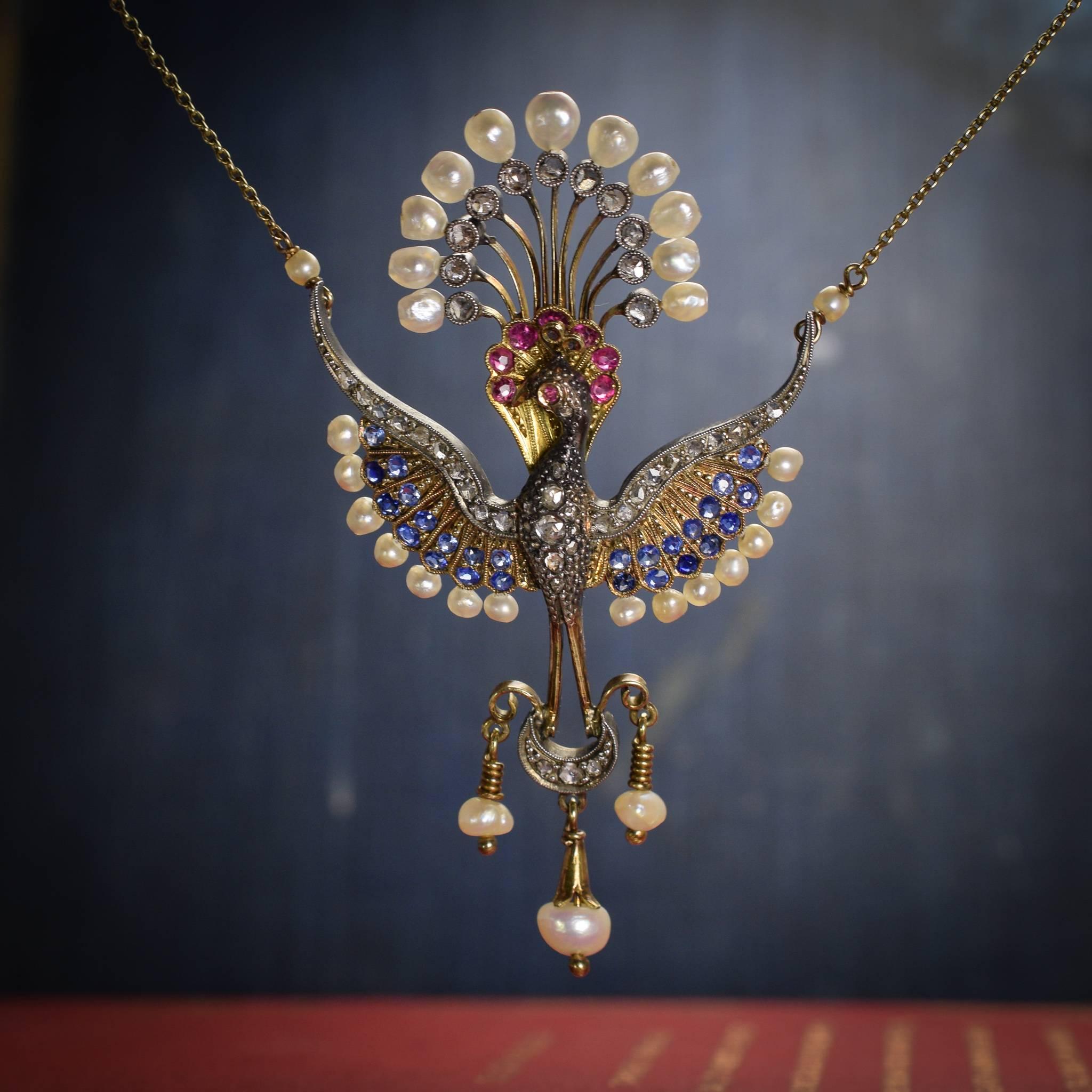 Antique Victorian Diamond Pearl Sapphire Ruby Peacock Necklace 1