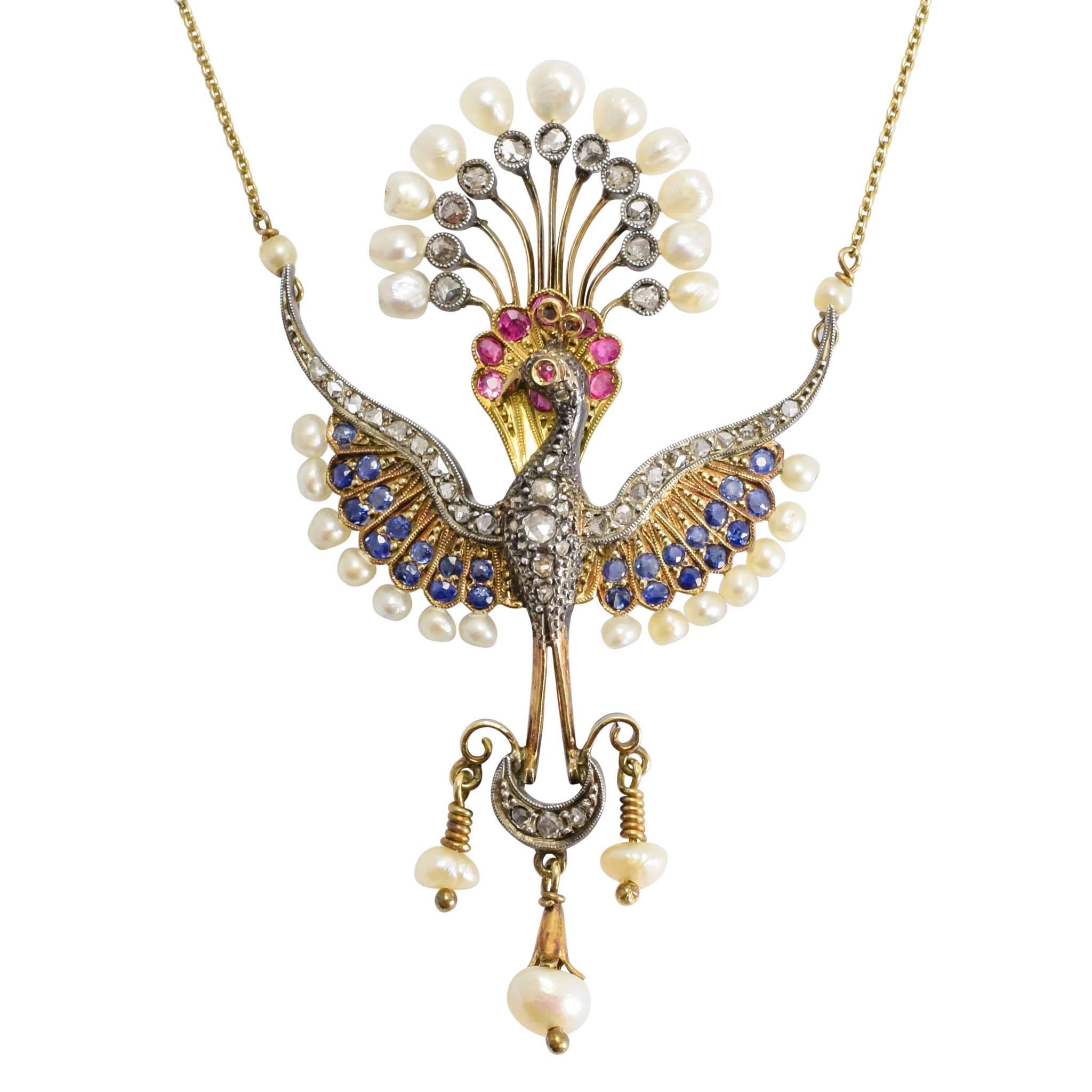Antique Victorian Diamond Pearl Sapphire Ruby Peacock Necklace