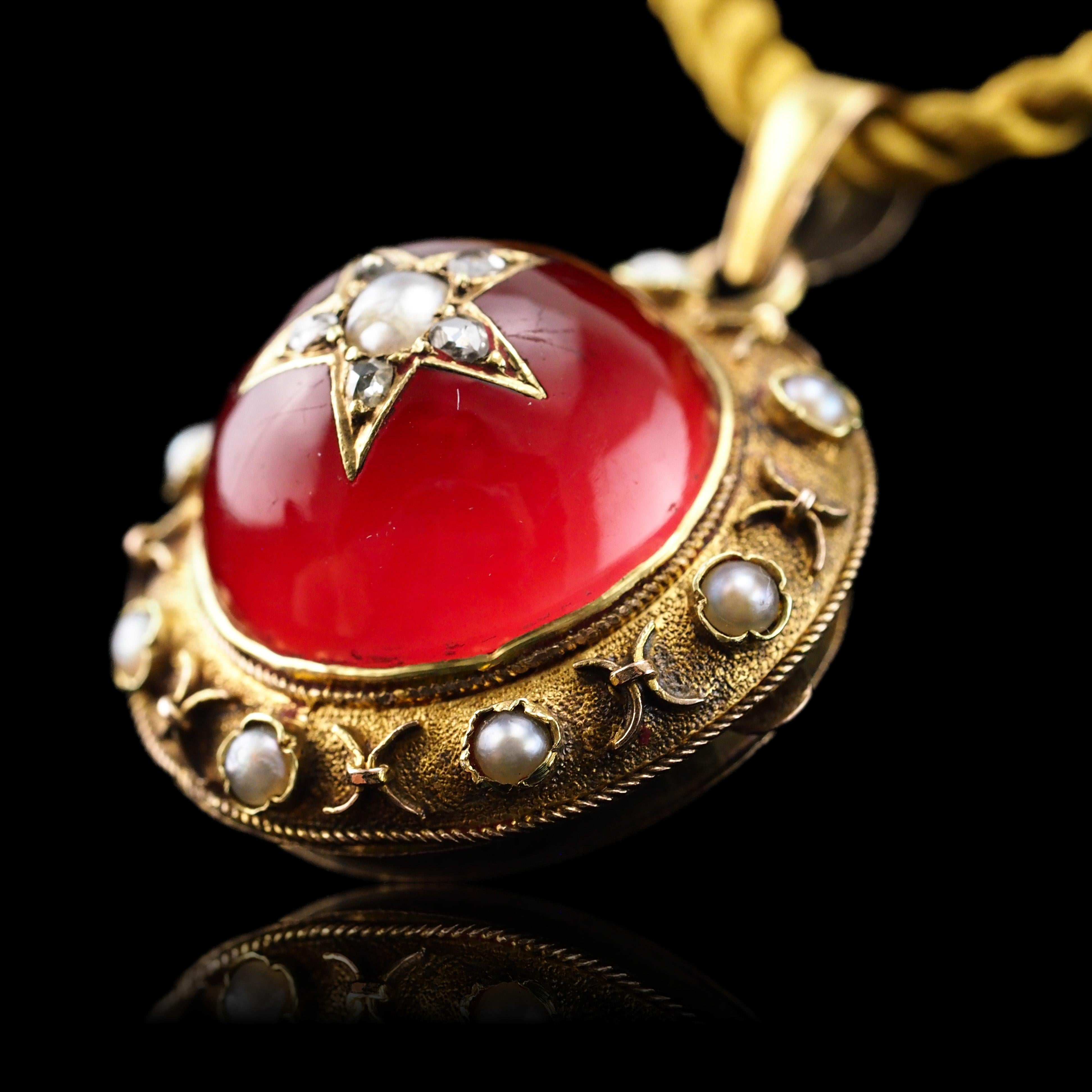 Antique Victorian Diamond & Pearl Star Necklace Red Rock Crystal 15K Gold  For Sale 6