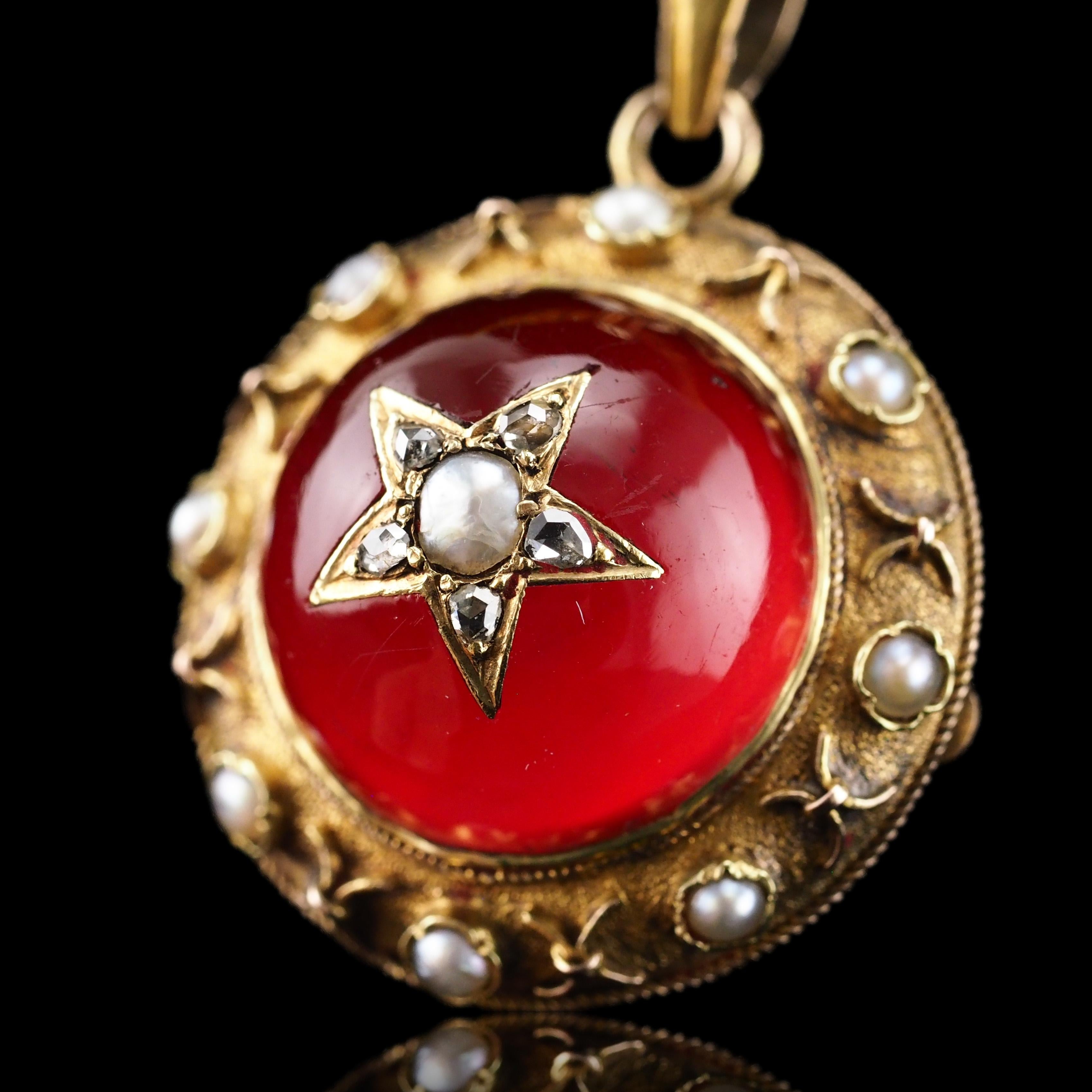 Antique Victorian Diamond & Pearl Star Necklace Red Rock Crystal 15K Gold  For Sale 7