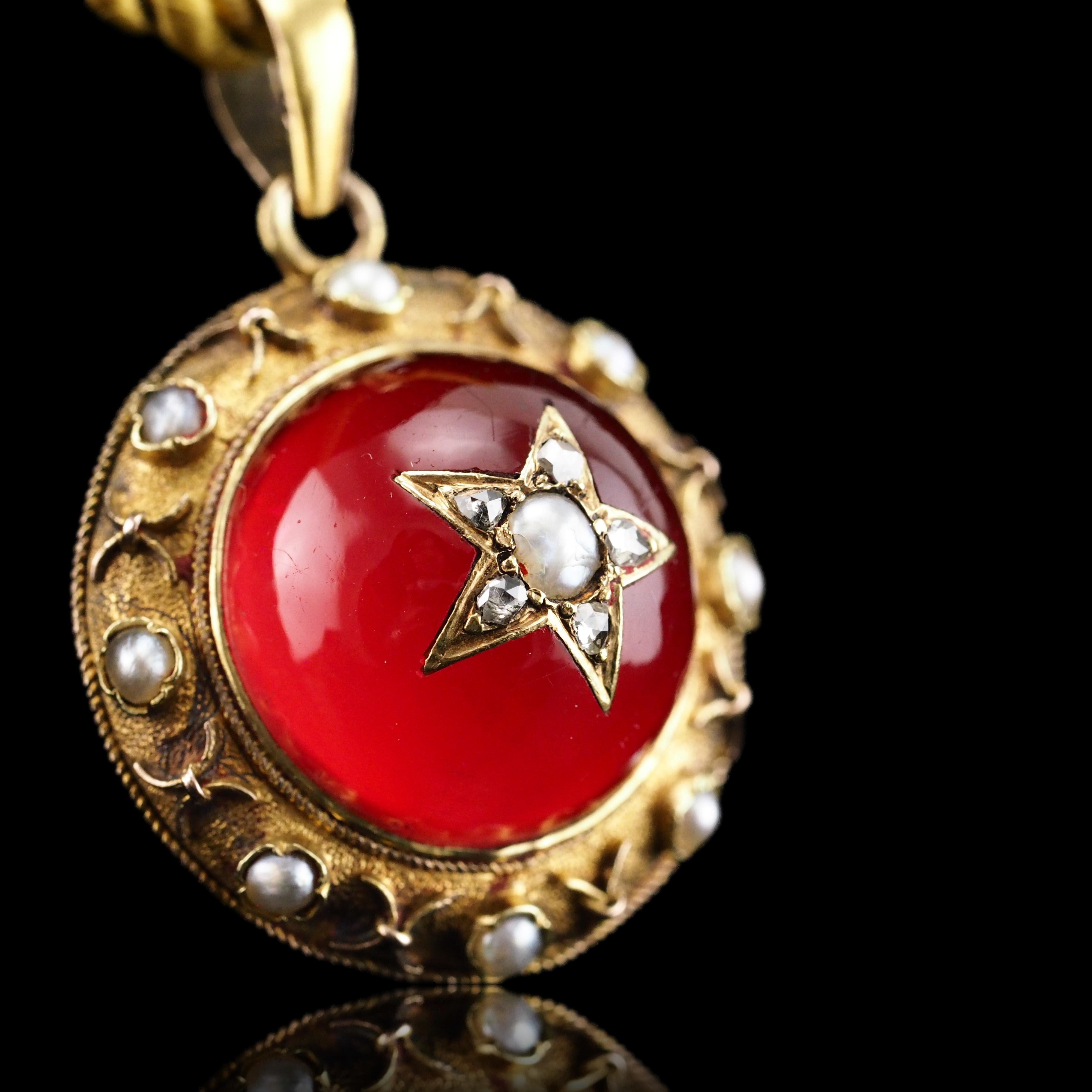 Antique Victorian Diamond & Pearl Star Necklace Red Rock Crystal 15K Gold  For Sale 8