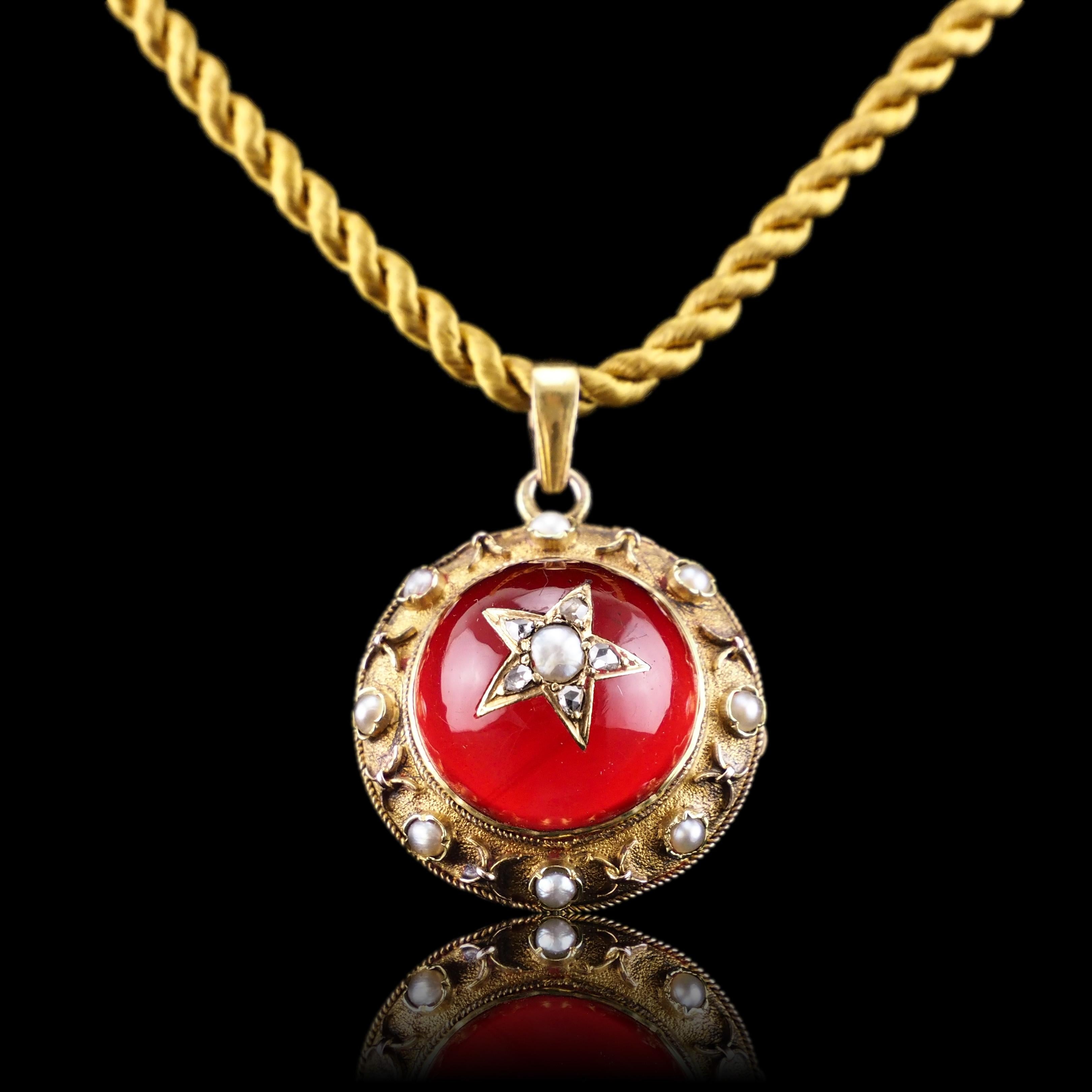 Antique Victorian Diamond & Pearl Star Necklace Red Rock Crystal 15K Gold  For Sale 9