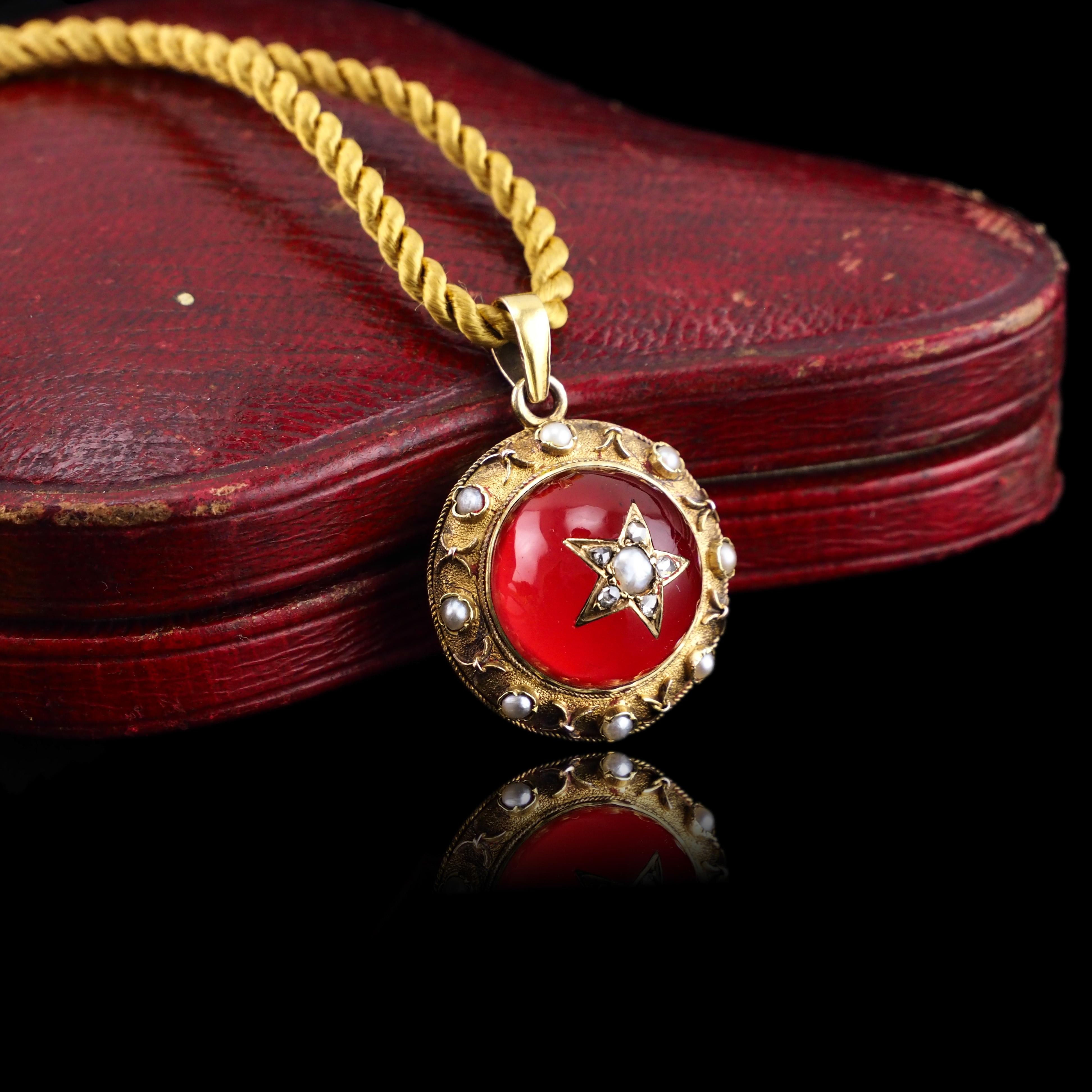 Antique Victorian Diamond & Pearl Star Necklace Red Rock Crystal 15K Gold  In Good Condition For Sale In London, GB