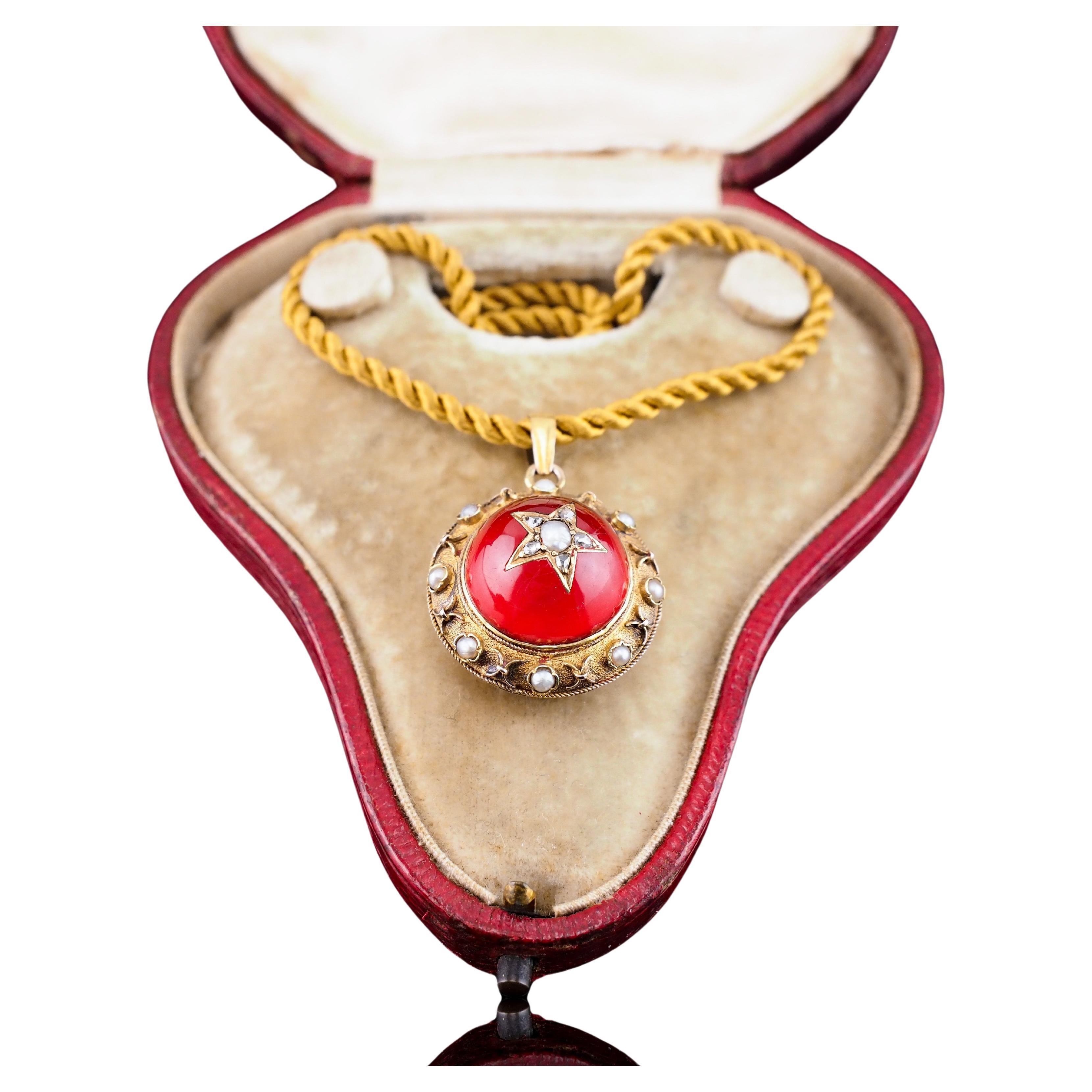 Antique Victorian Diamond & Pearl Star Necklace Red Rock Crystal 15K Gold  For Sale
