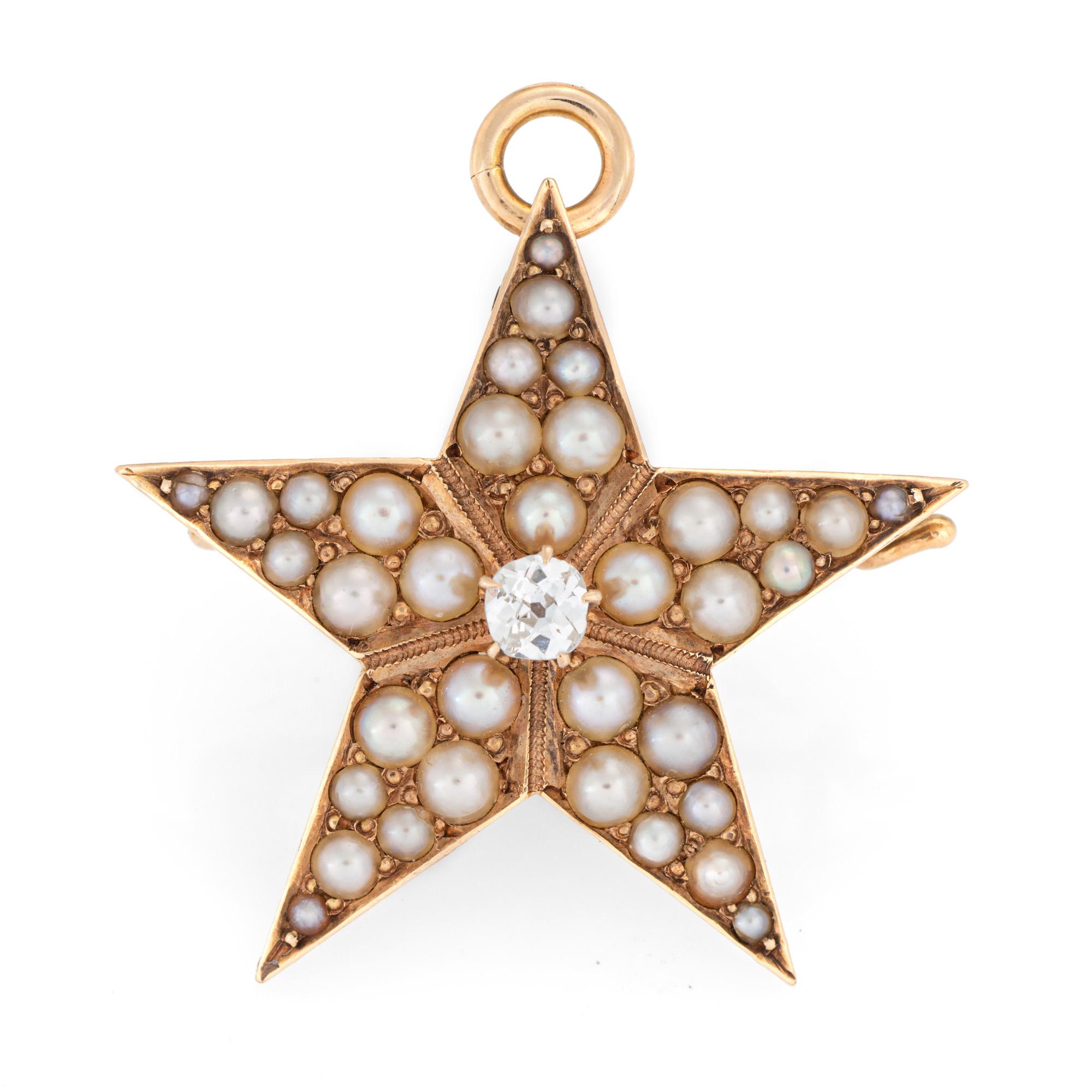 Taille coussin antique Pendentif étoile victorienne diamant perle or rose 14k Broche Bijoux en vente