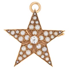 Antique Victorian Diamond Pearl Star Pendant 14k Rose Gold Brooch Jewelry