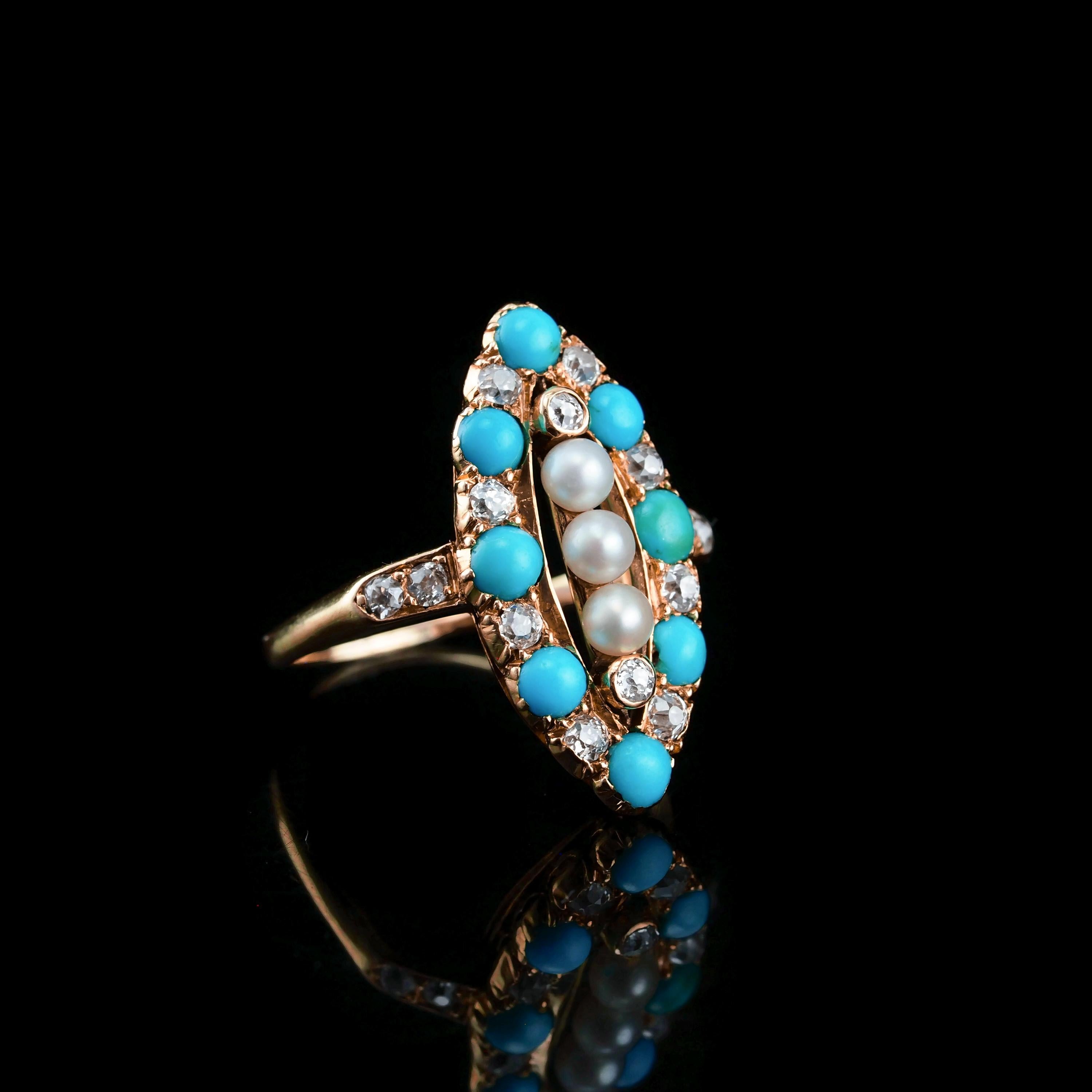 Antiker viktorianischer Diamant-Perlen-Türkis-Ring aus 18 Karat Gold Navette/Marquise um 1880 im Angebot 4