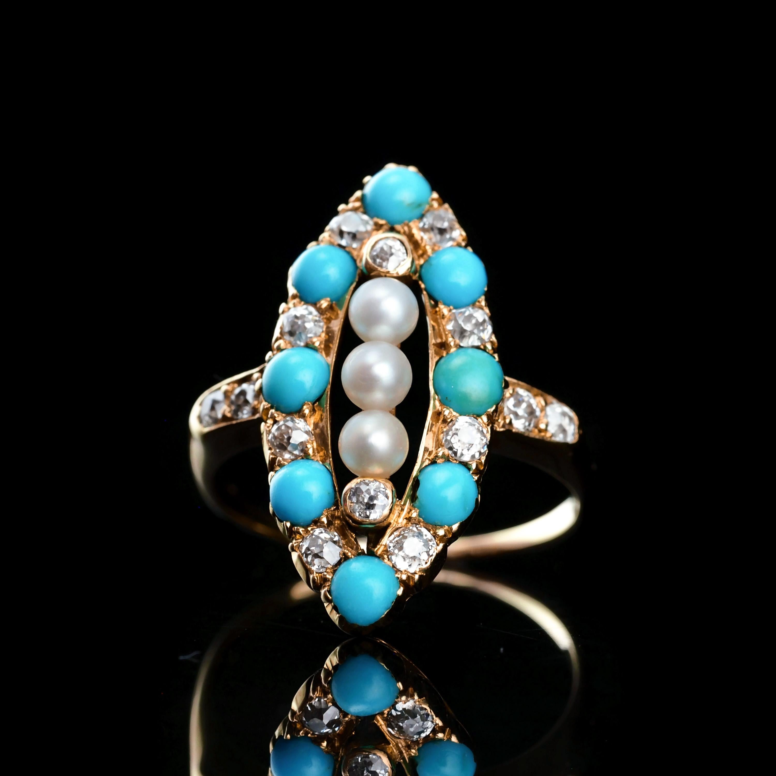 Bague victorienne ancienne Navette/Marquise en or 18 carats avec diamants, perles et turquoises, c. 1880 en vente 5