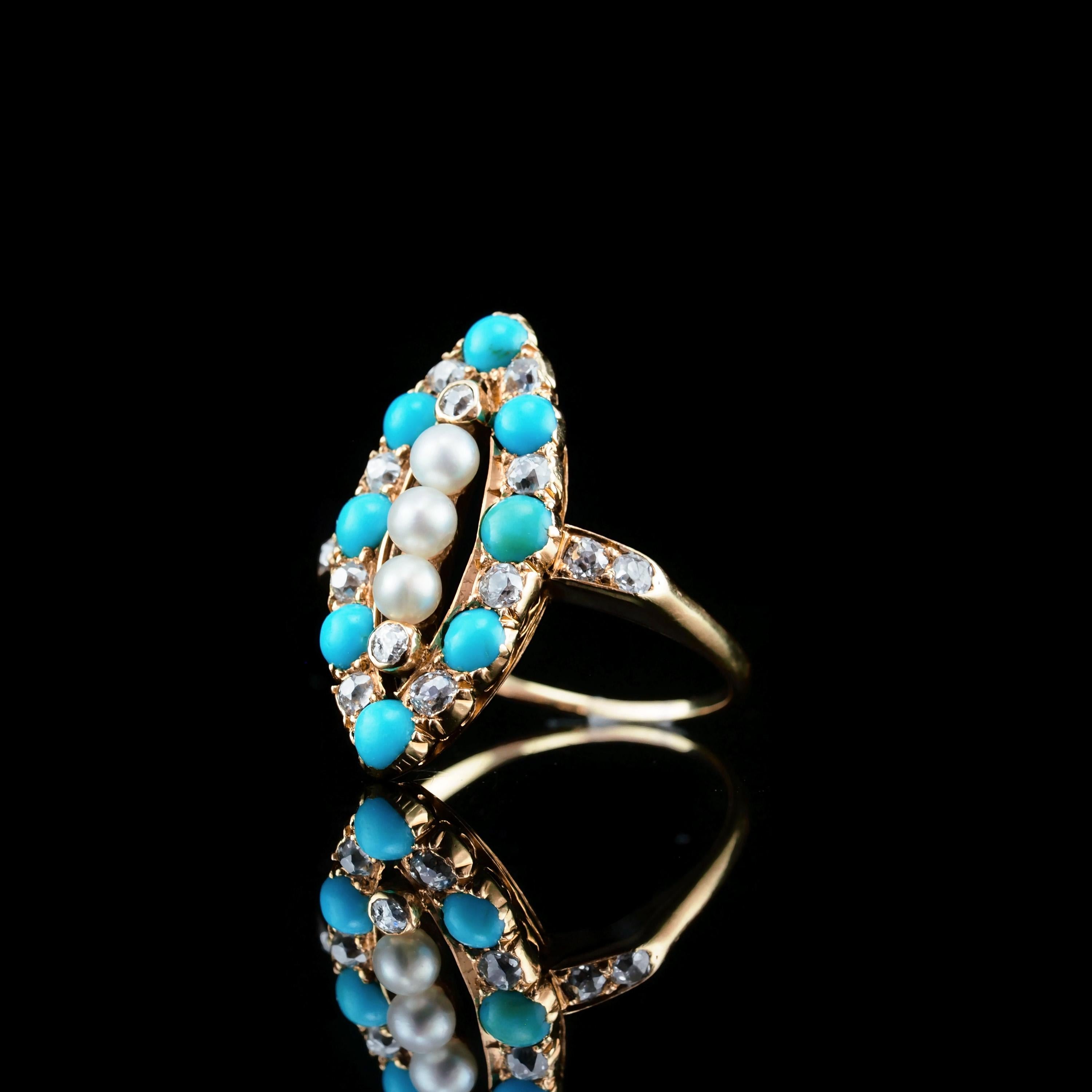 Antiker viktorianischer Diamant-Perlen-Türkis-Ring aus 18 Karat Gold Navette/Marquise um 1880 im Angebot 6