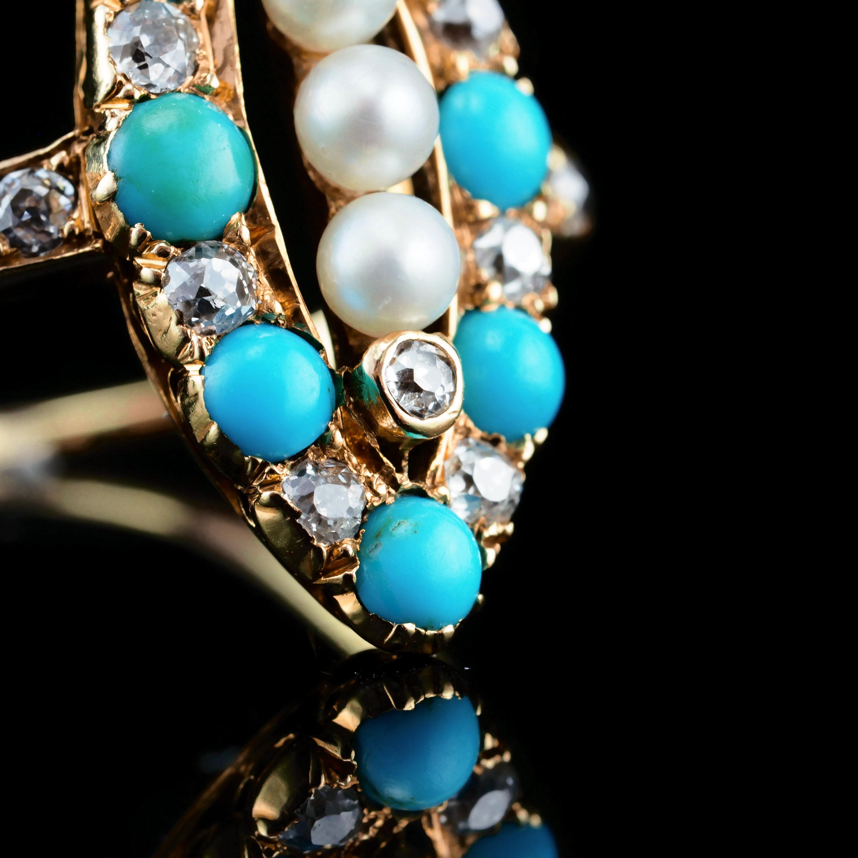 Bague victorienne ancienne Navette/Marquise en or 18 carats avec diamants, perles et turquoises, c. 1880 en vente 7