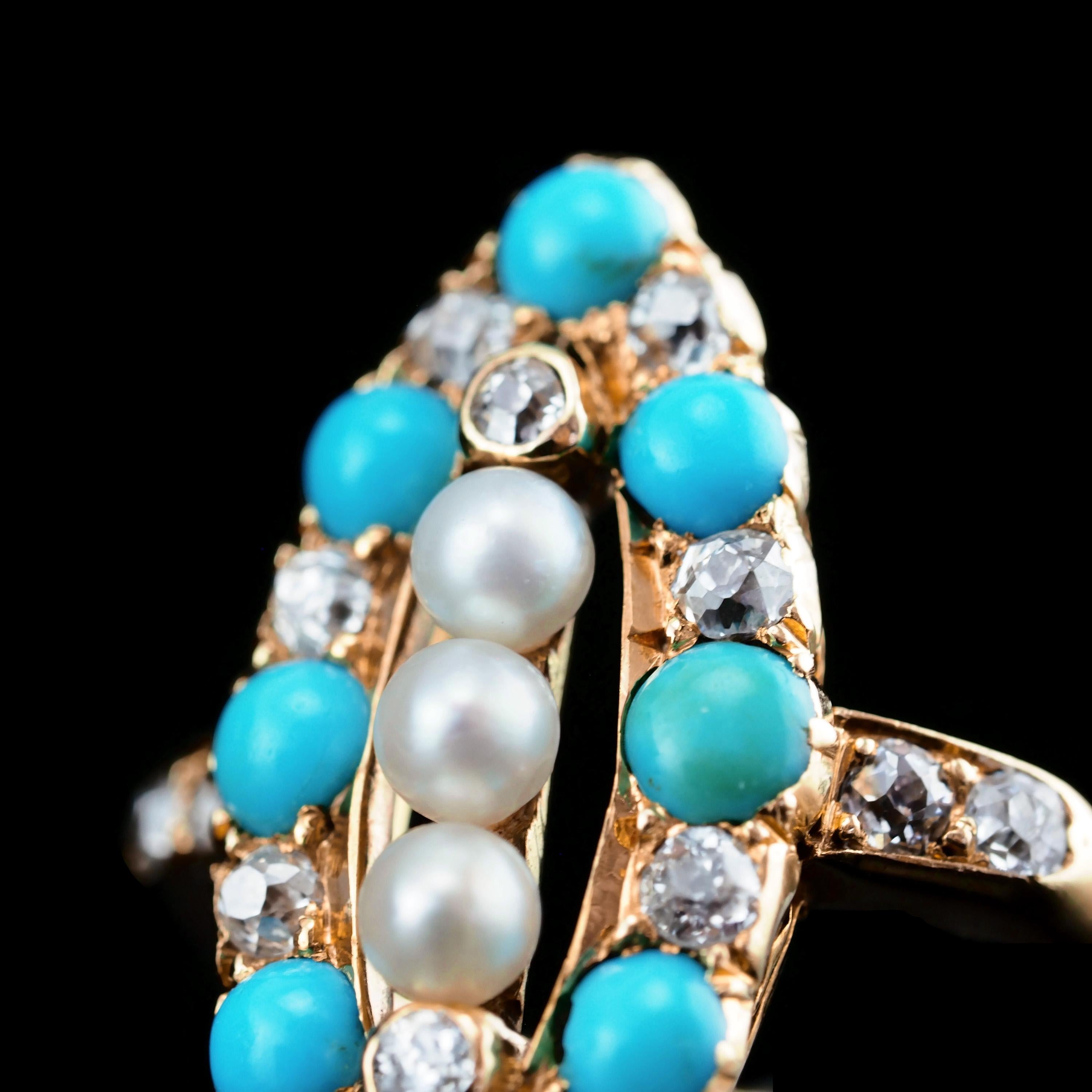 Bague victorienne ancienne Navette/Marquise en or 18 carats avec diamants, perles et turquoises, c. 1880 en vente 8