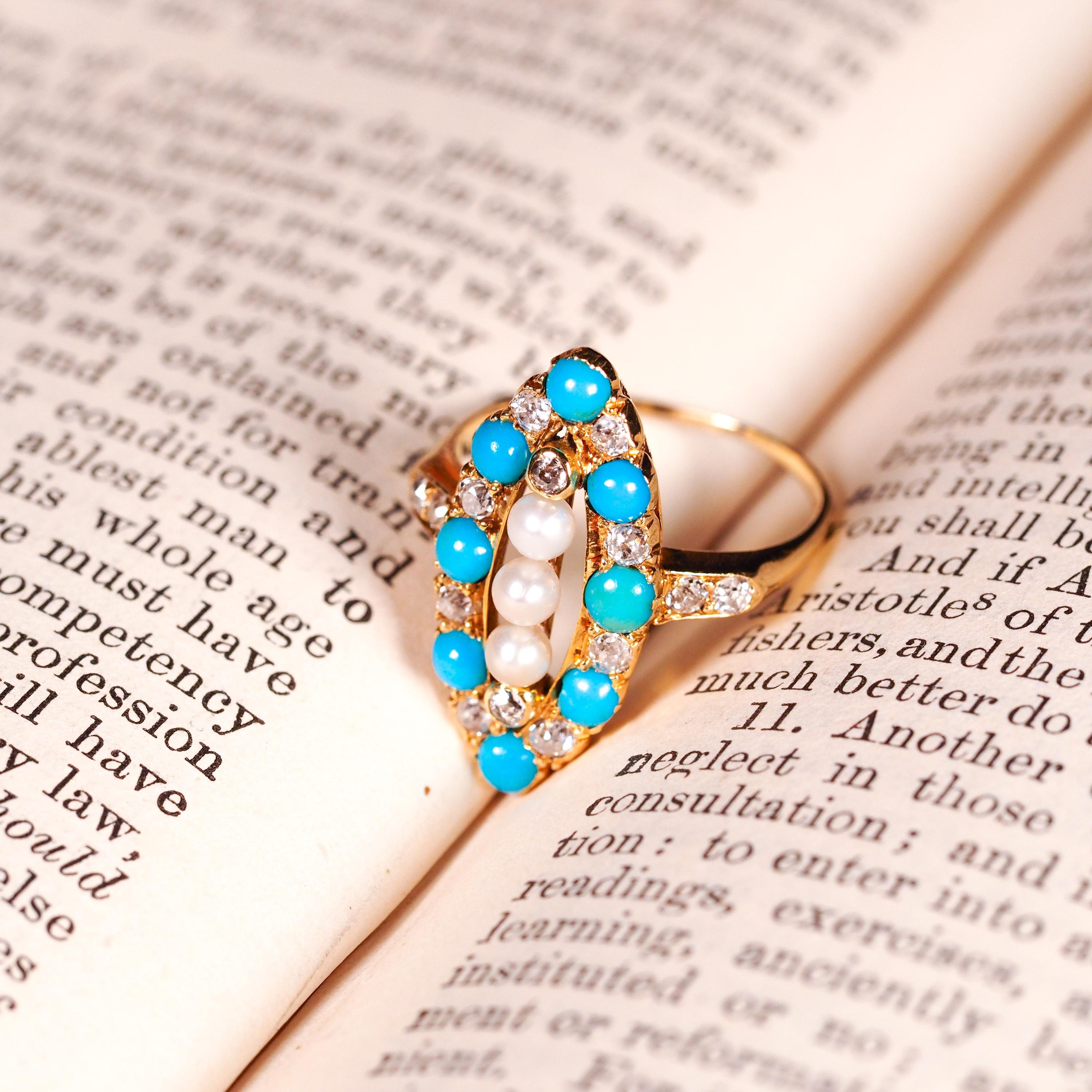 Antique Victorian Diamond Pearl Turquoise 18K Gold Ring Navette/Marquise c.1880 For Sale 10