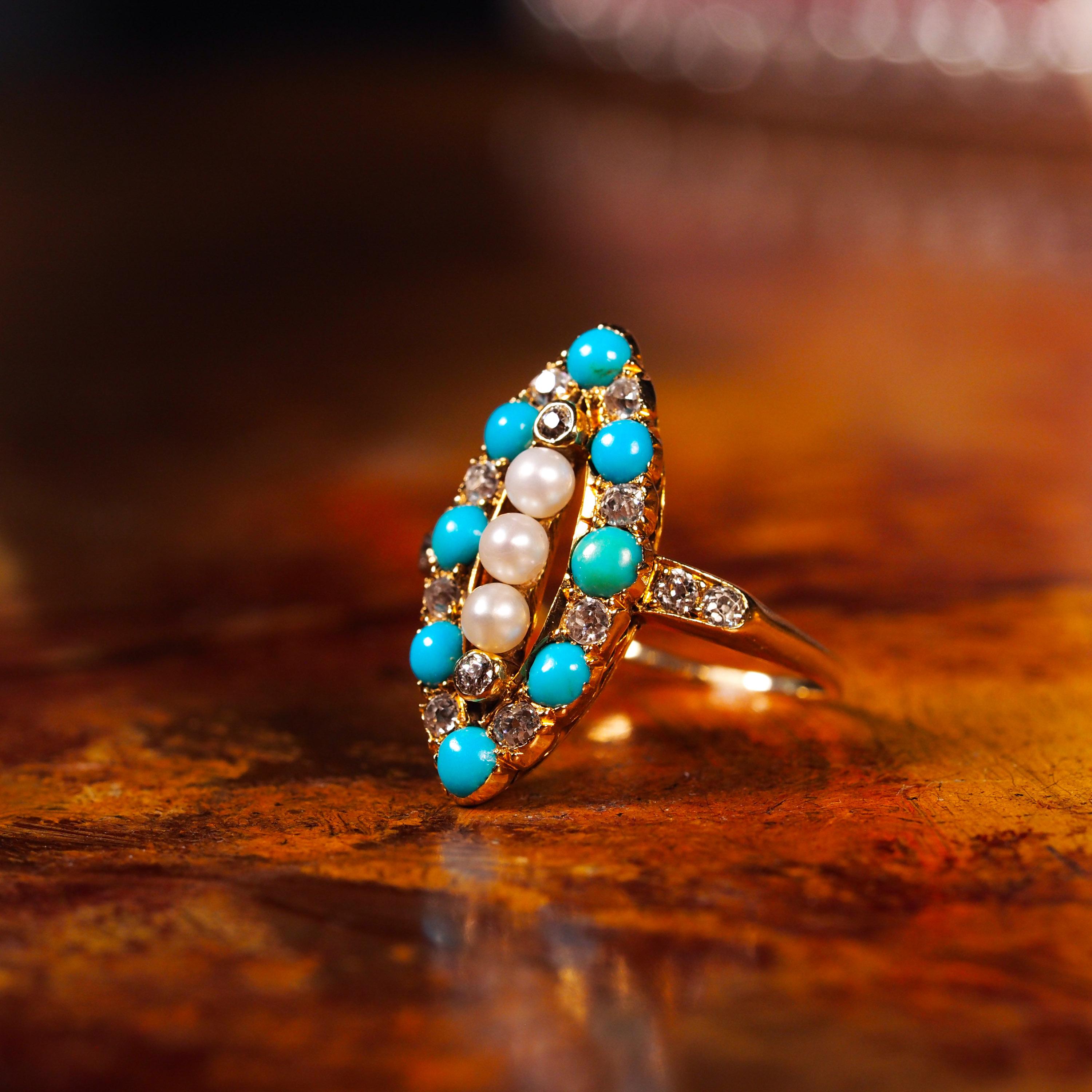 Antiker viktorianischer Diamant-Perlen-Türkis-Ring aus 18 Karat Gold Navette/Marquise um 1880 im Angebot 10