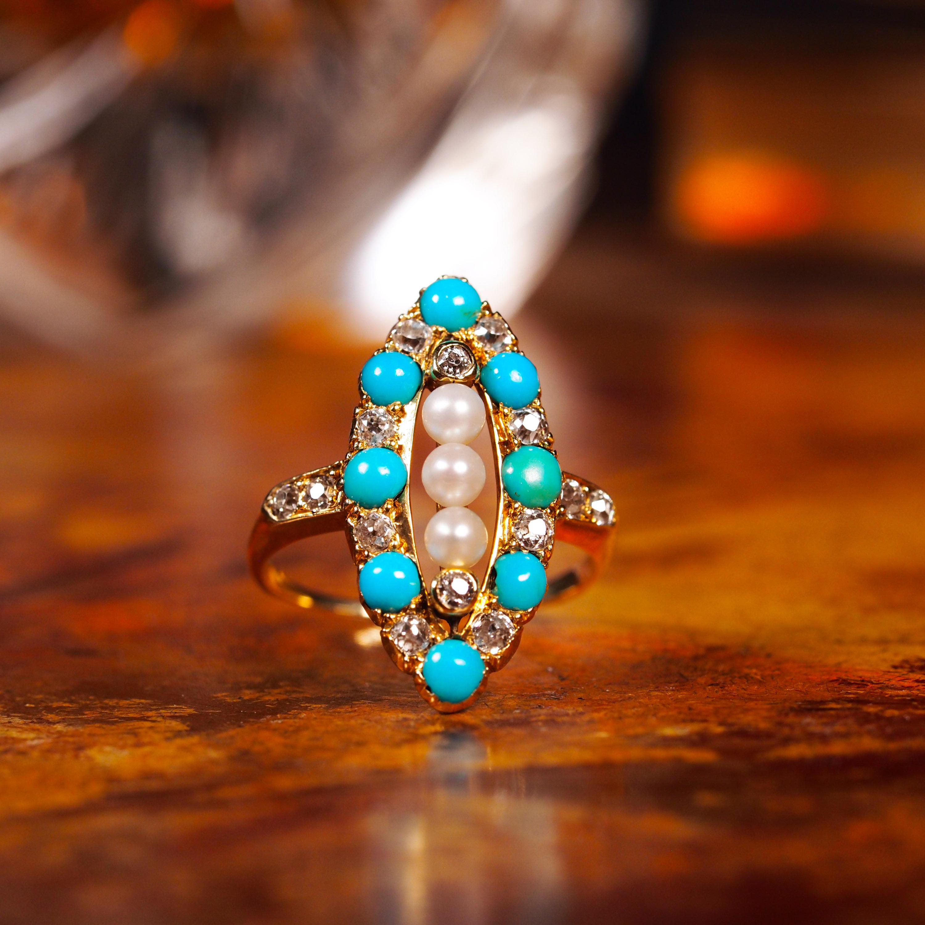 Antique Victorian Diamond Pearl Turquoise 18K Gold Ring Navette/Marquise c.1880 For Sale 12