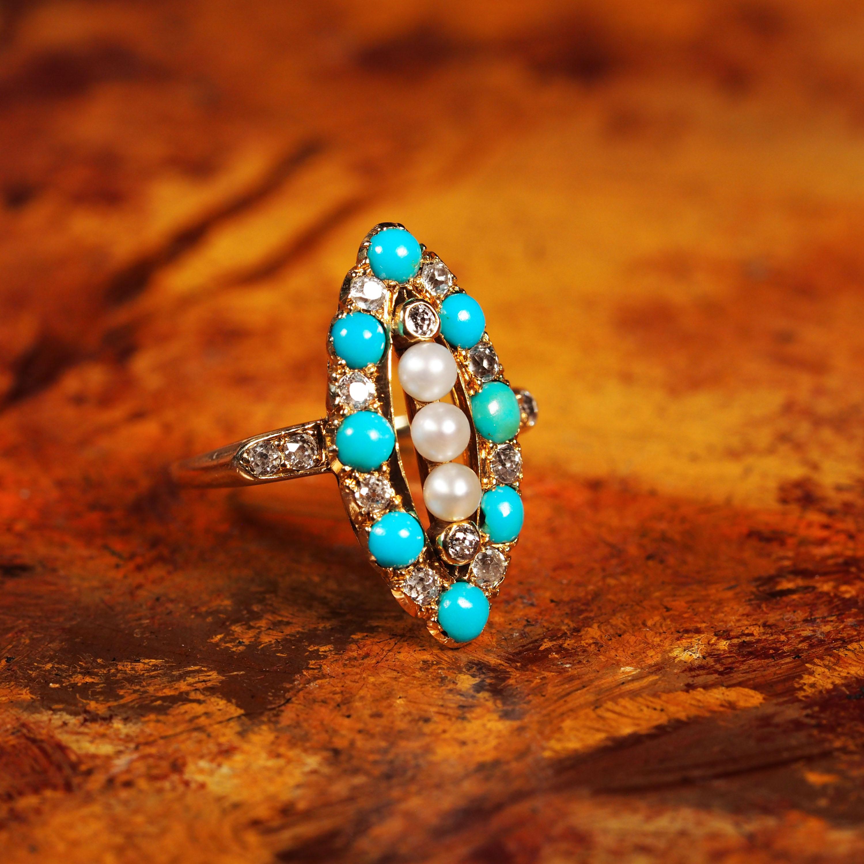 Antique Victorian Diamond Pearl Turquoise 18K Gold Ring Navette/Marquise c.1880 For Sale 13