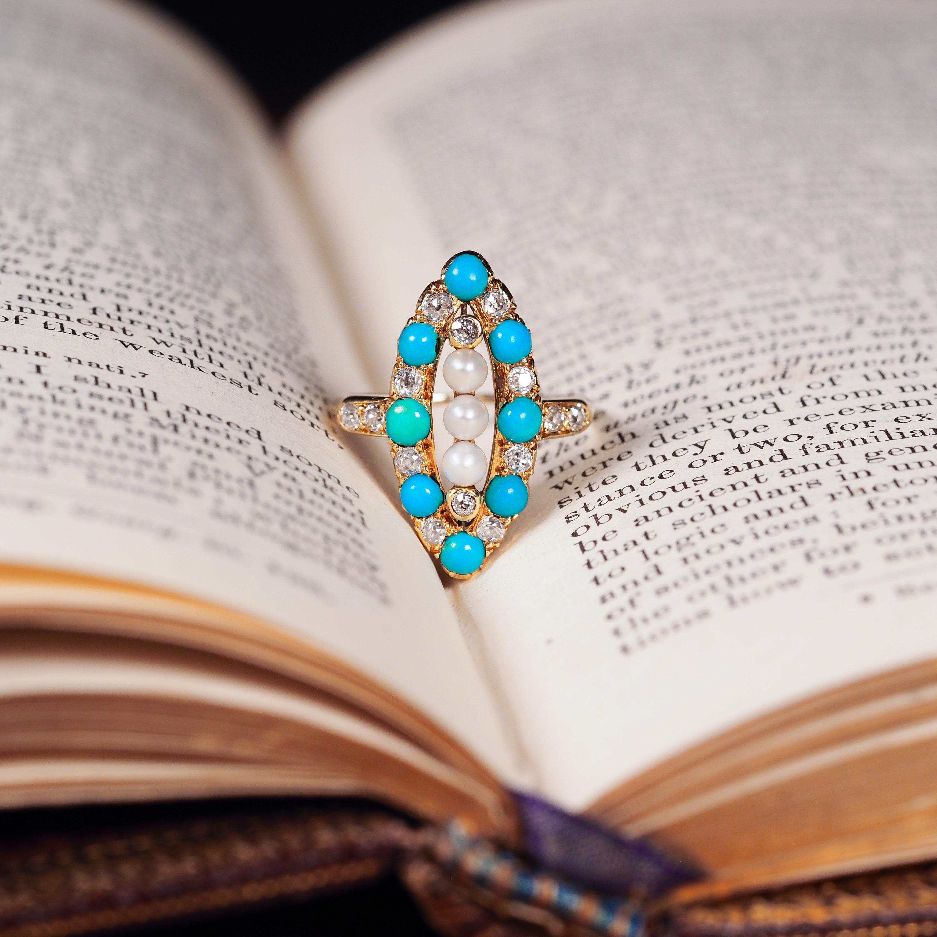 Old European Cut Antique Victorian Diamond Pearl Turquoise 18K Gold Ring Navette/Marquise c.1880 For Sale