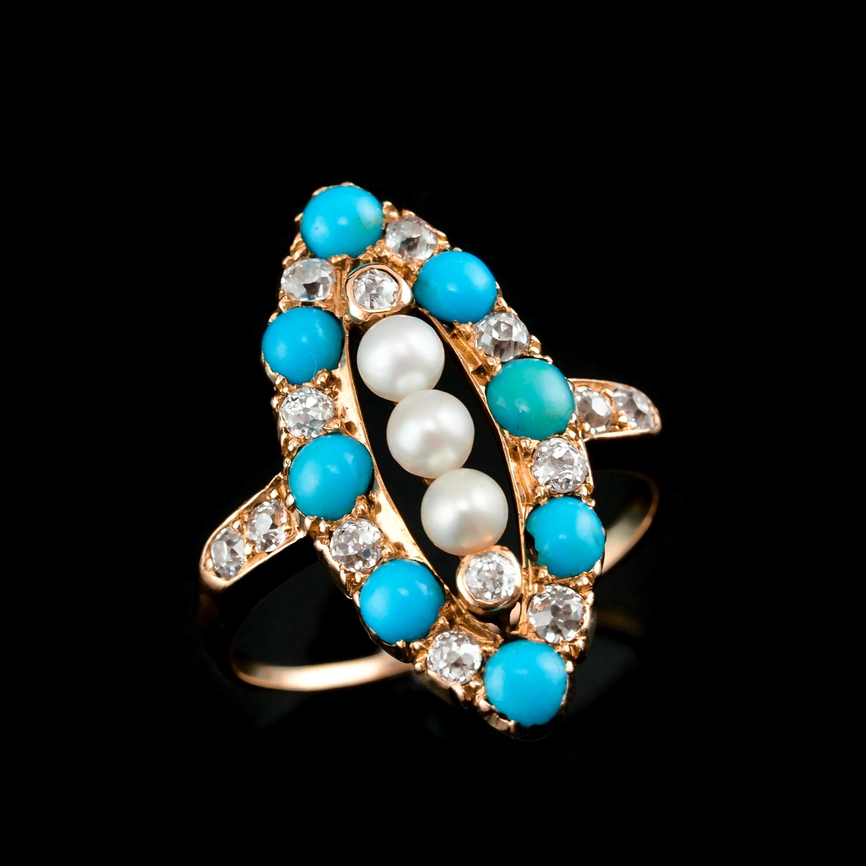Antiker viktorianischer Diamant-Perlen-Türkis-Ring aus 18 Karat Gold Navette/Marquise um 1880 (Alteuropäischer Schliff) im Angebot