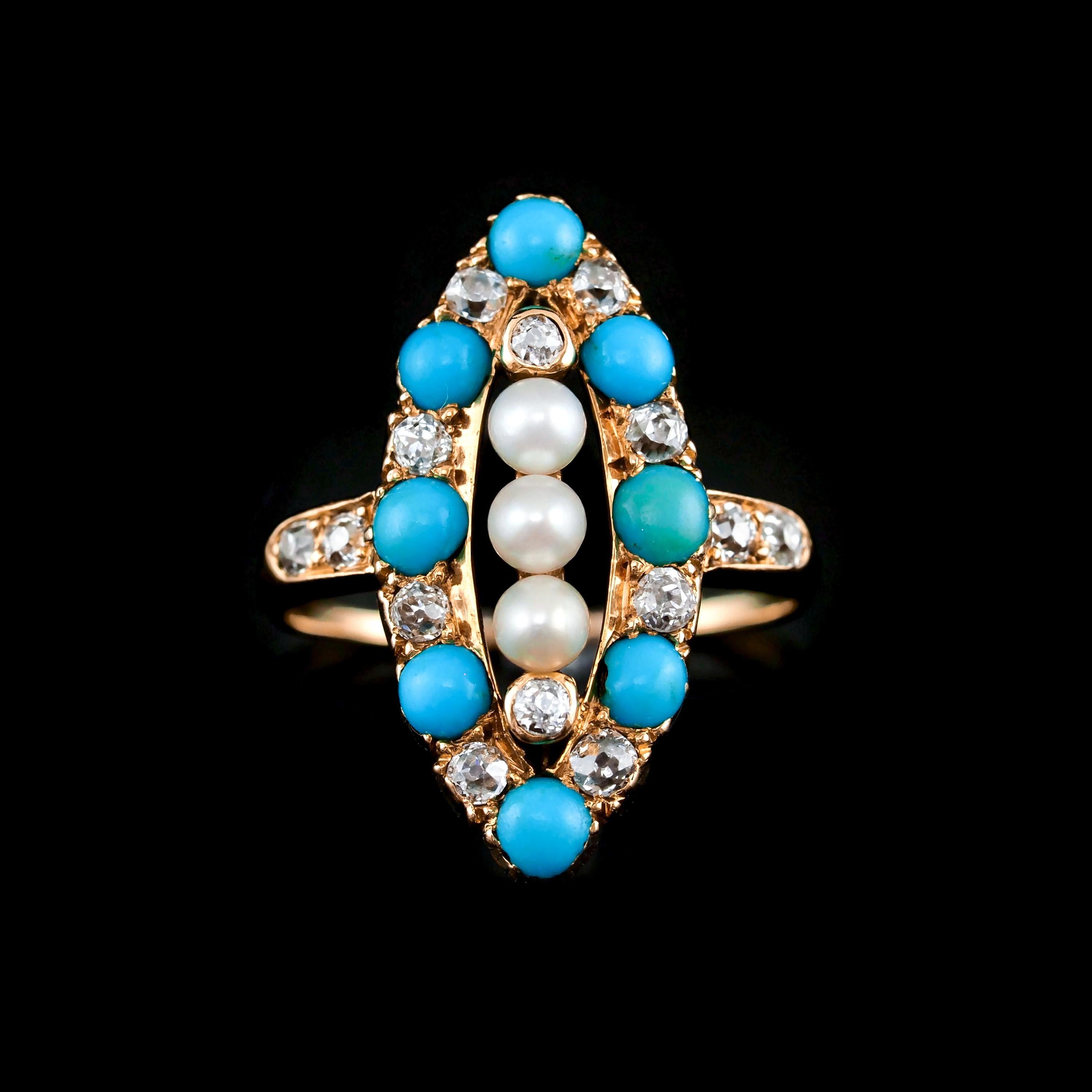 Antiker viktorianischer Diamant-Perlen-Türkis-Ring aus 18 Karat Gold Navette/Marquise um 1880 im Zustand „Gut“ im Angebot in London, GB