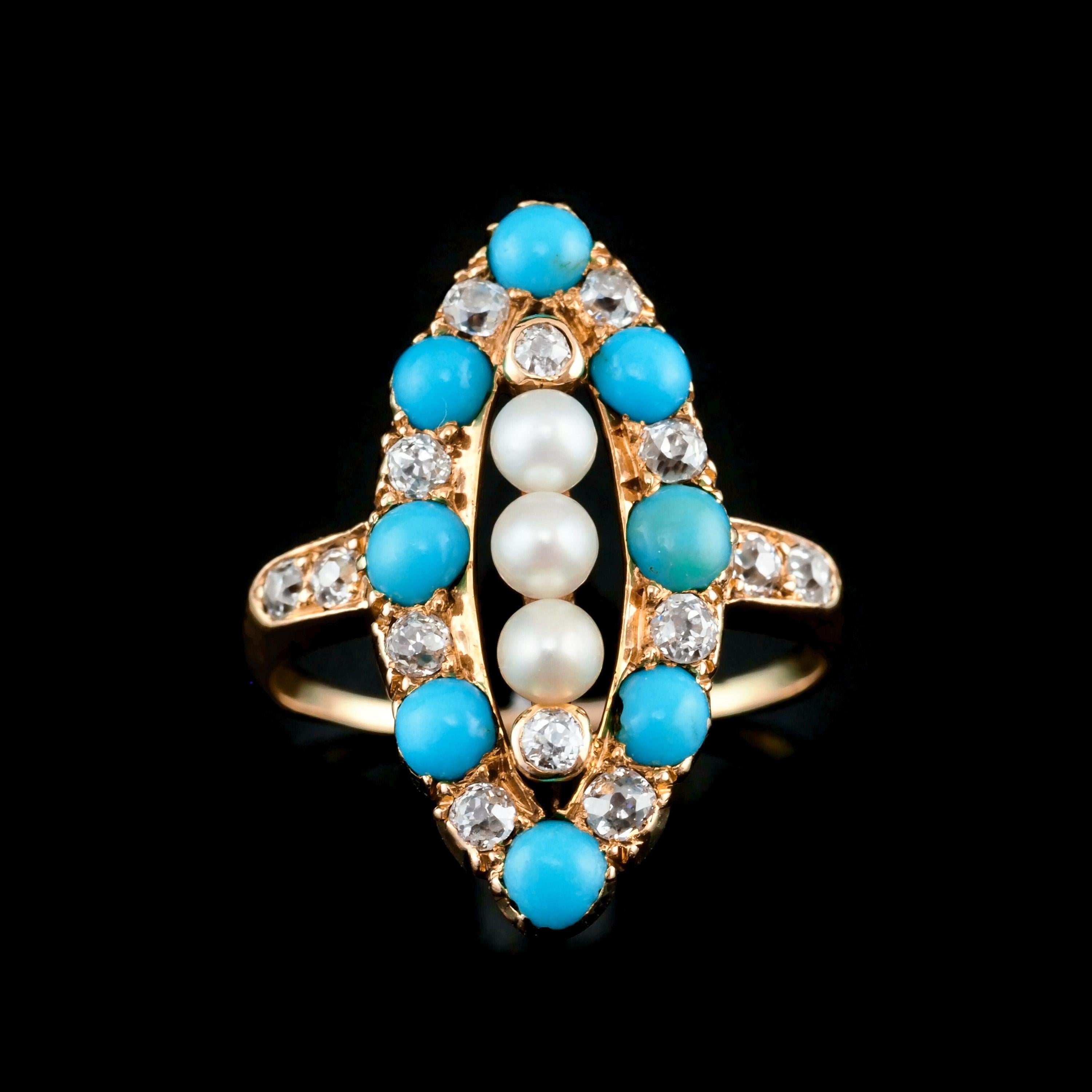Bague victorienne ancienne Navette/Marquise en or 18 carats avec diamants, perles et turquoises, c. 1880 Unisexe en vente