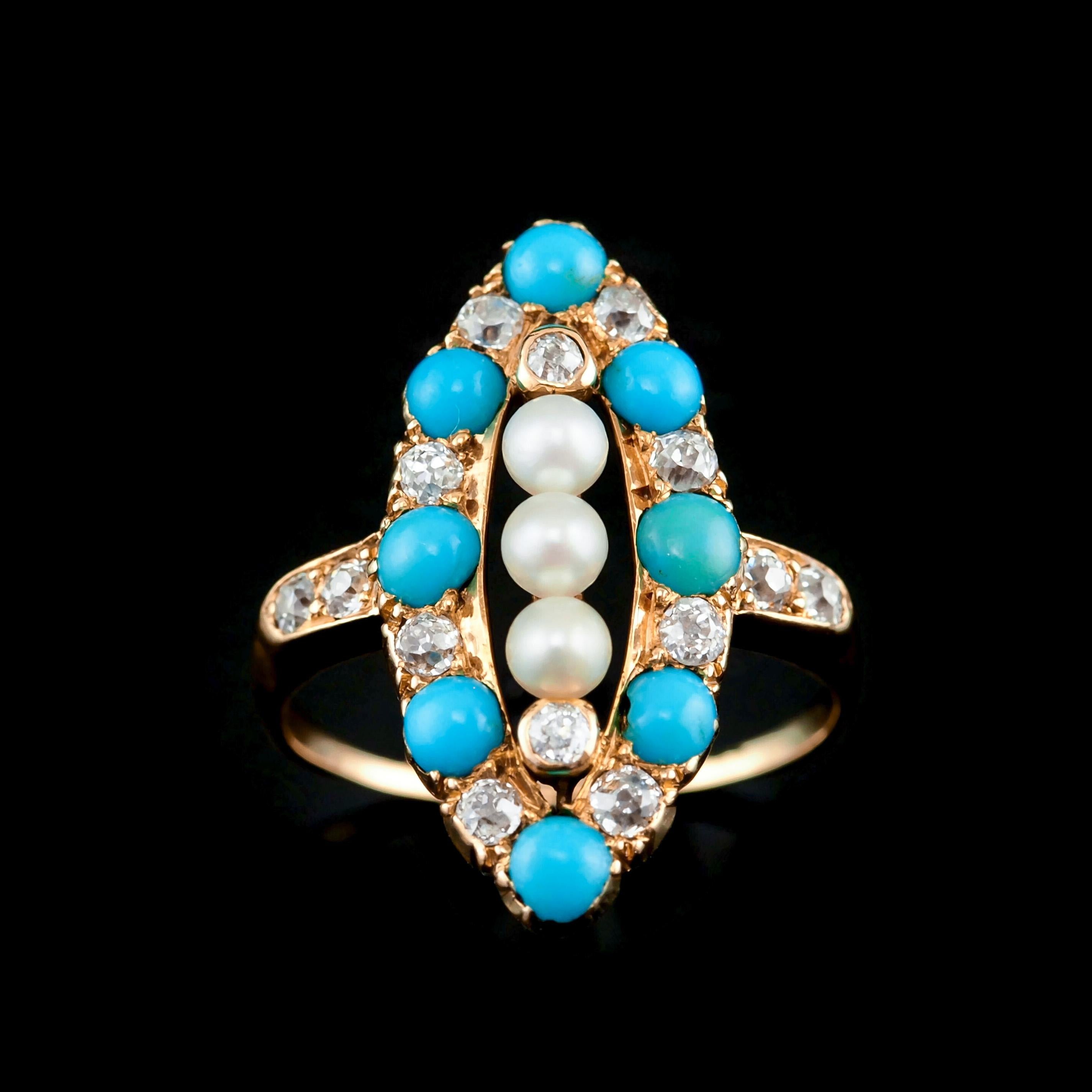 Antiker viktorianischer Diamant-Perlen-Türkis-Ring aus 18 Karat Gold Navette/Marquise um 1880 im Angebot 1