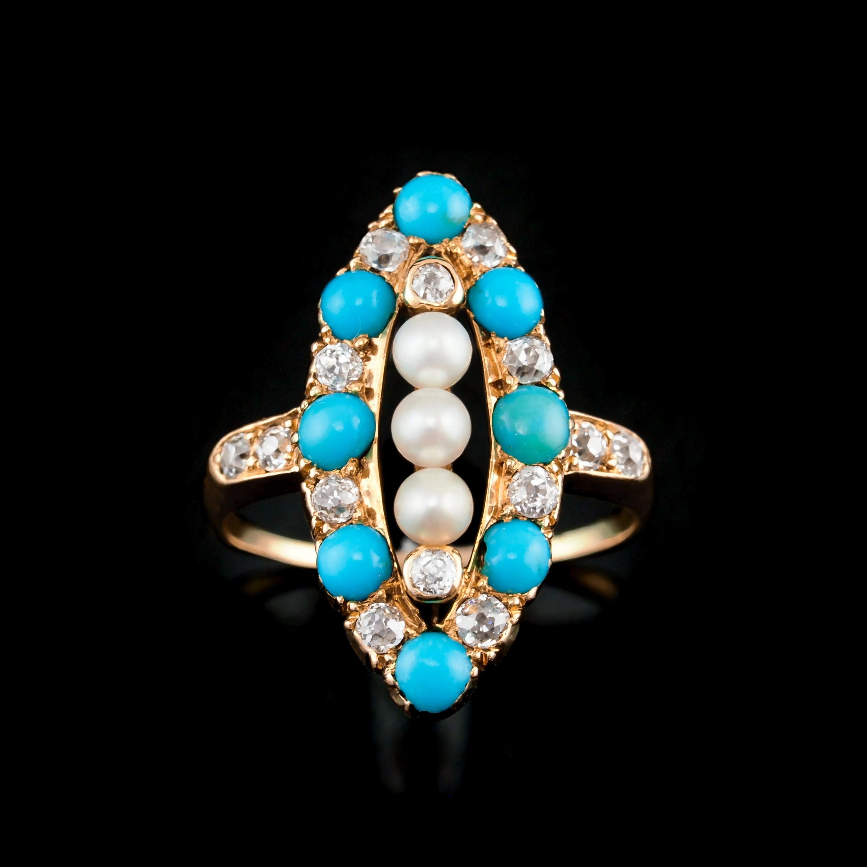 Antiker viktorianischer Diamant-Perlen-Türkis-Ring aus 18 Karat Gold Navette/Marquise um 1880 im Angebot 2