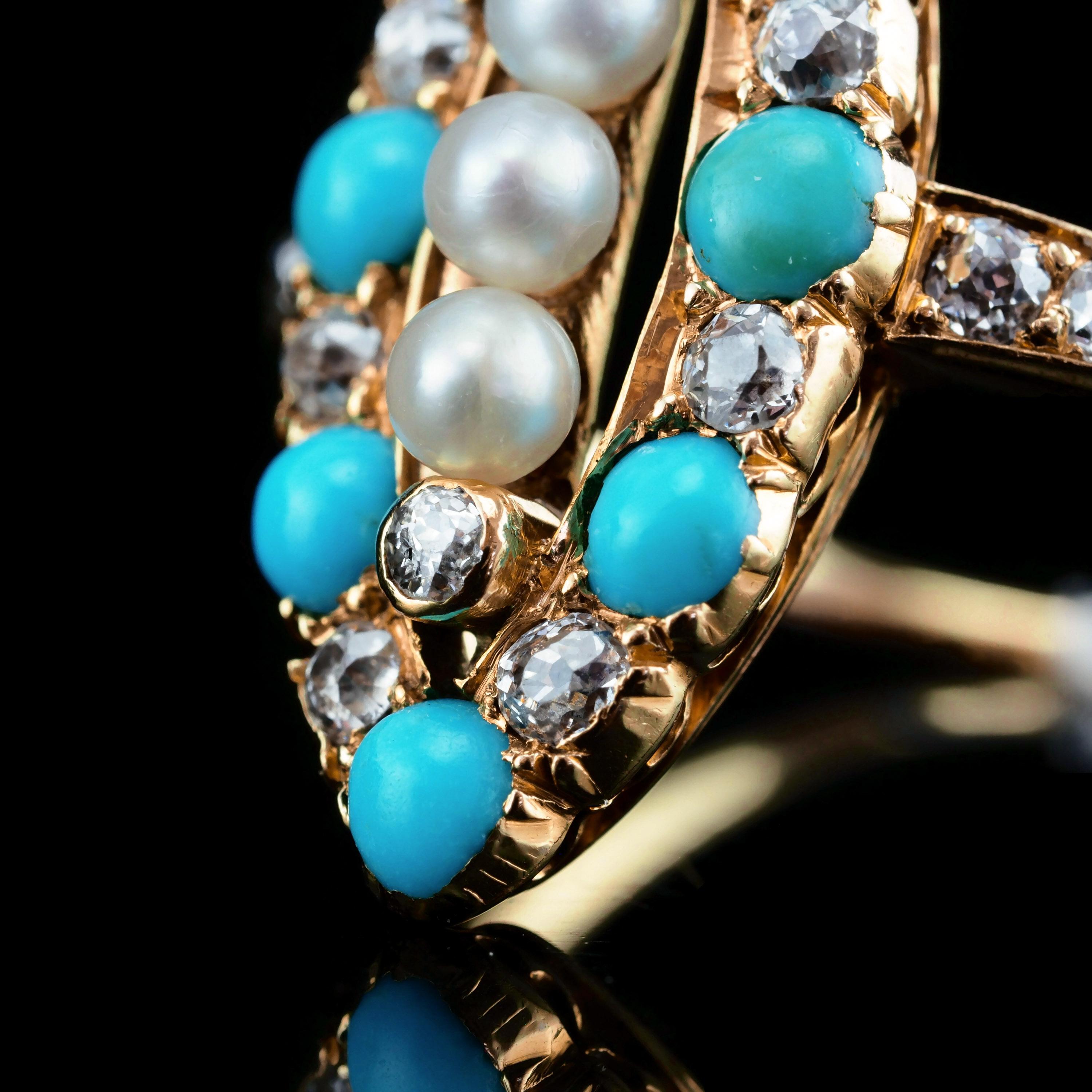 Bague victorienne ancienne Navette/Marquise en or 18 carats avec diamants, perles et turquoises, c. 1880 en vente 3
