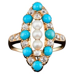 Antique Victorian Diamond Pearl Turquoise 18K Gold Ring Navette/Marquise c.1880