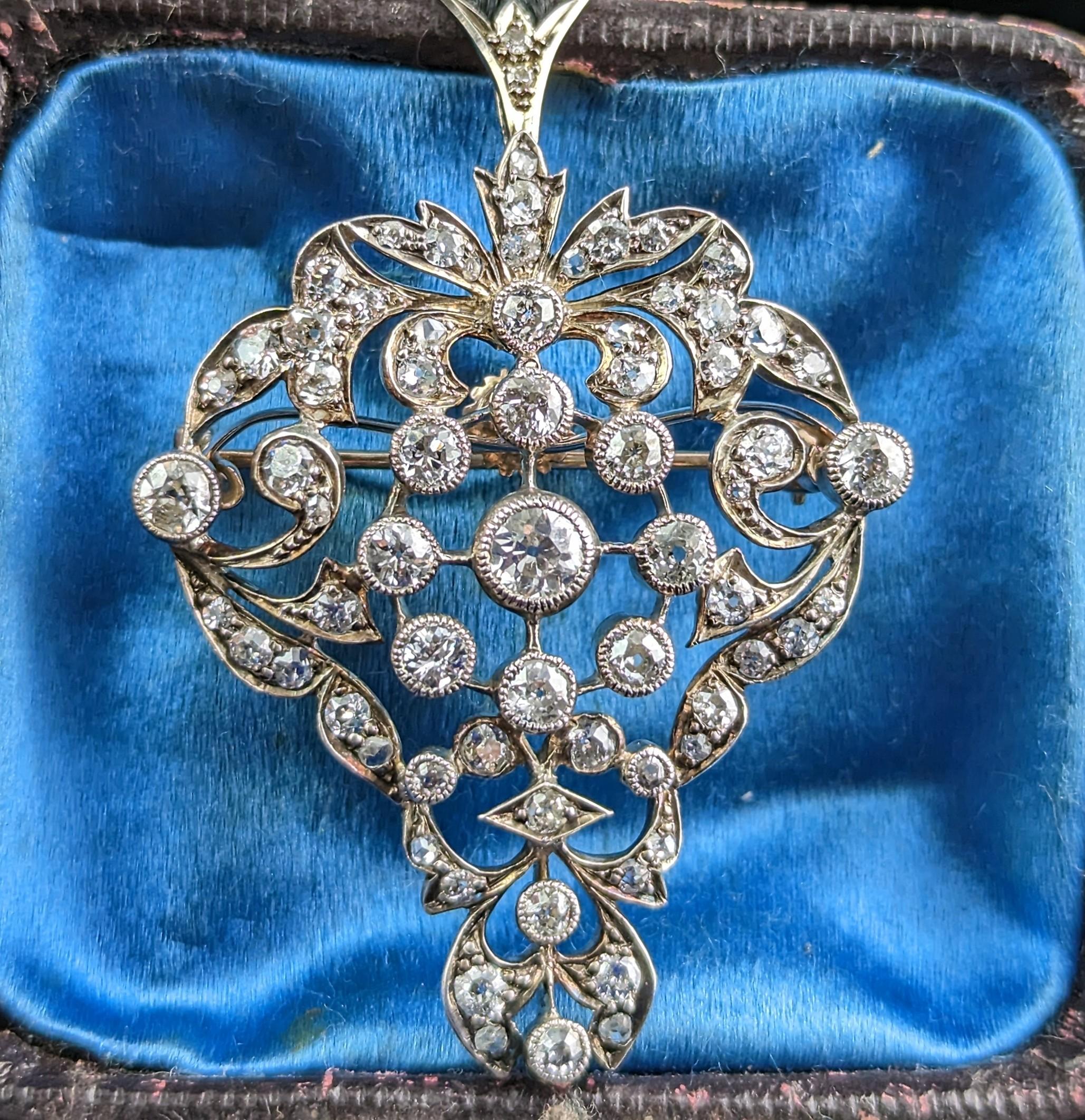 Old Mine Cut Antique Victorian Diamond Pendant Brooch, Bunch of Grapes, 9k Gold and Silver For Sale