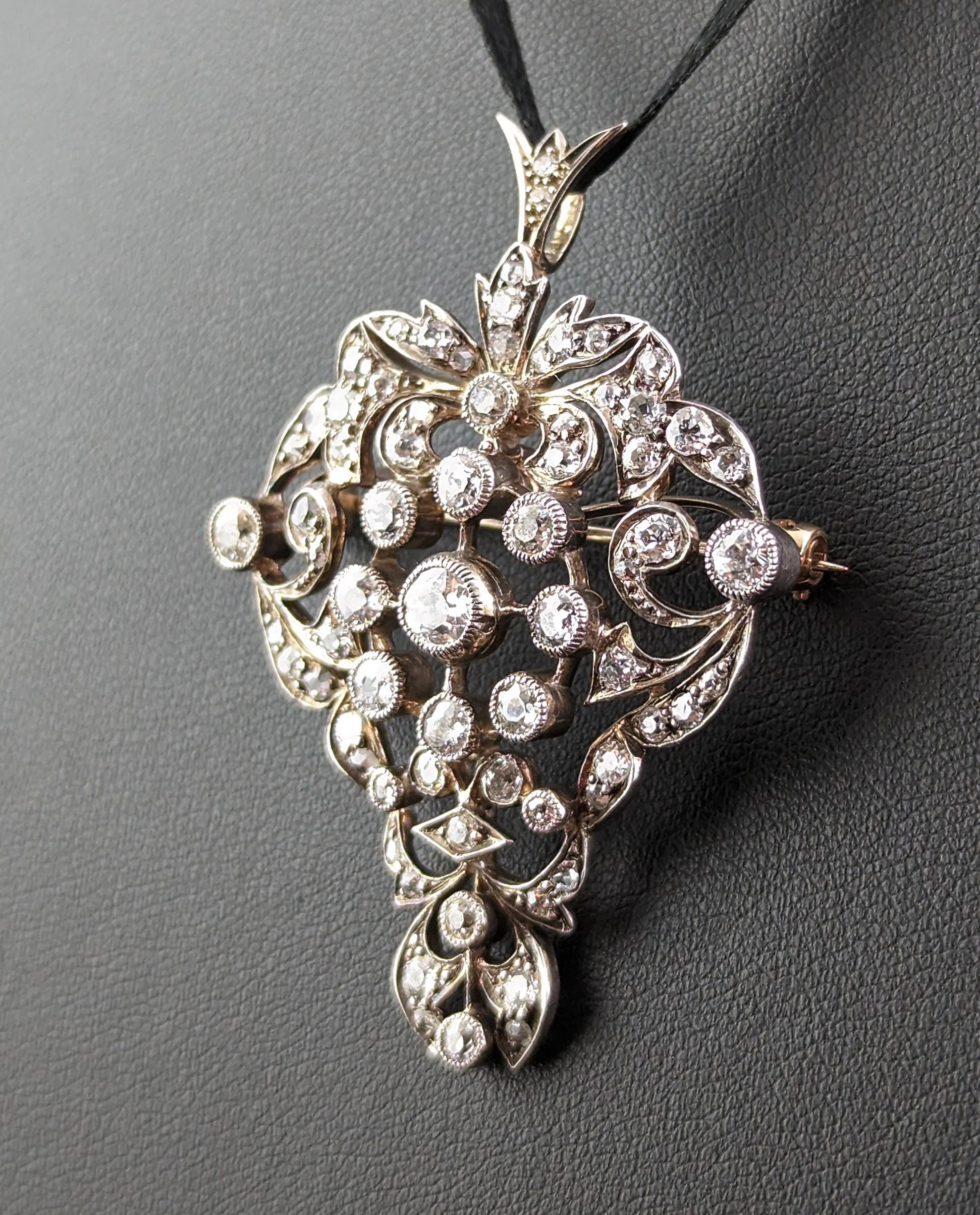 Women's Antique Victorian Diamond Pendant Brooch, Bunch of Grapes, 9k Gold and Silver For Sale