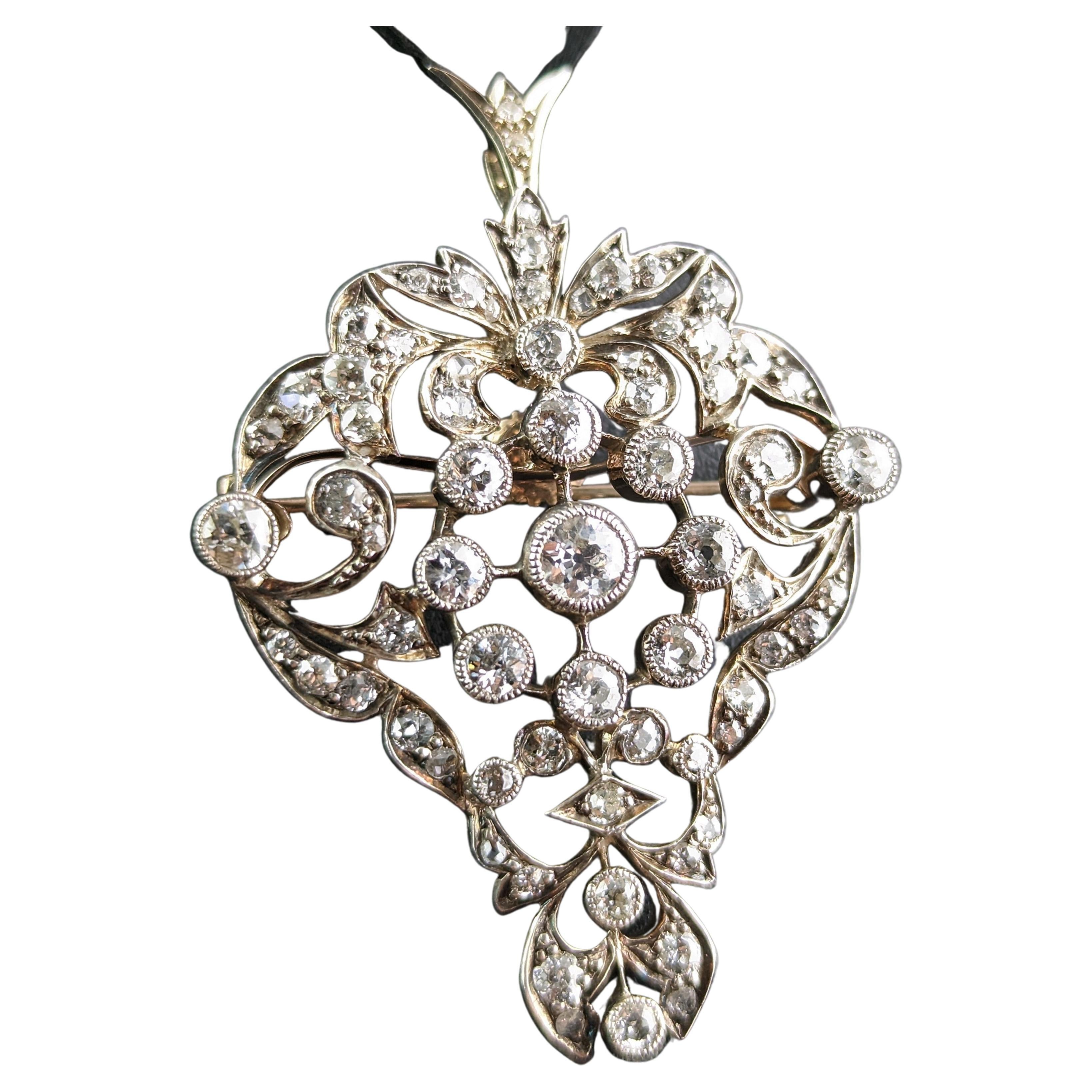 Antique Victorian Diamond Pendant Brooch, Bunch of Grapes, 9k Gold and Silver For Sale