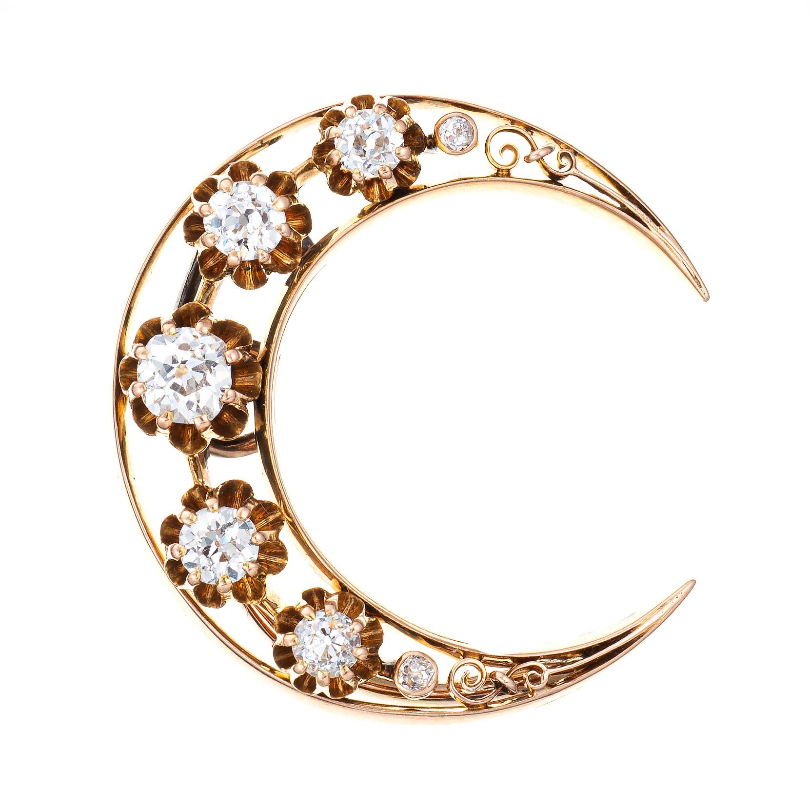 Victorien Broche étoile céleste victorienne ancienne avec pendentif croissant de lune en or 14 carats et diamants