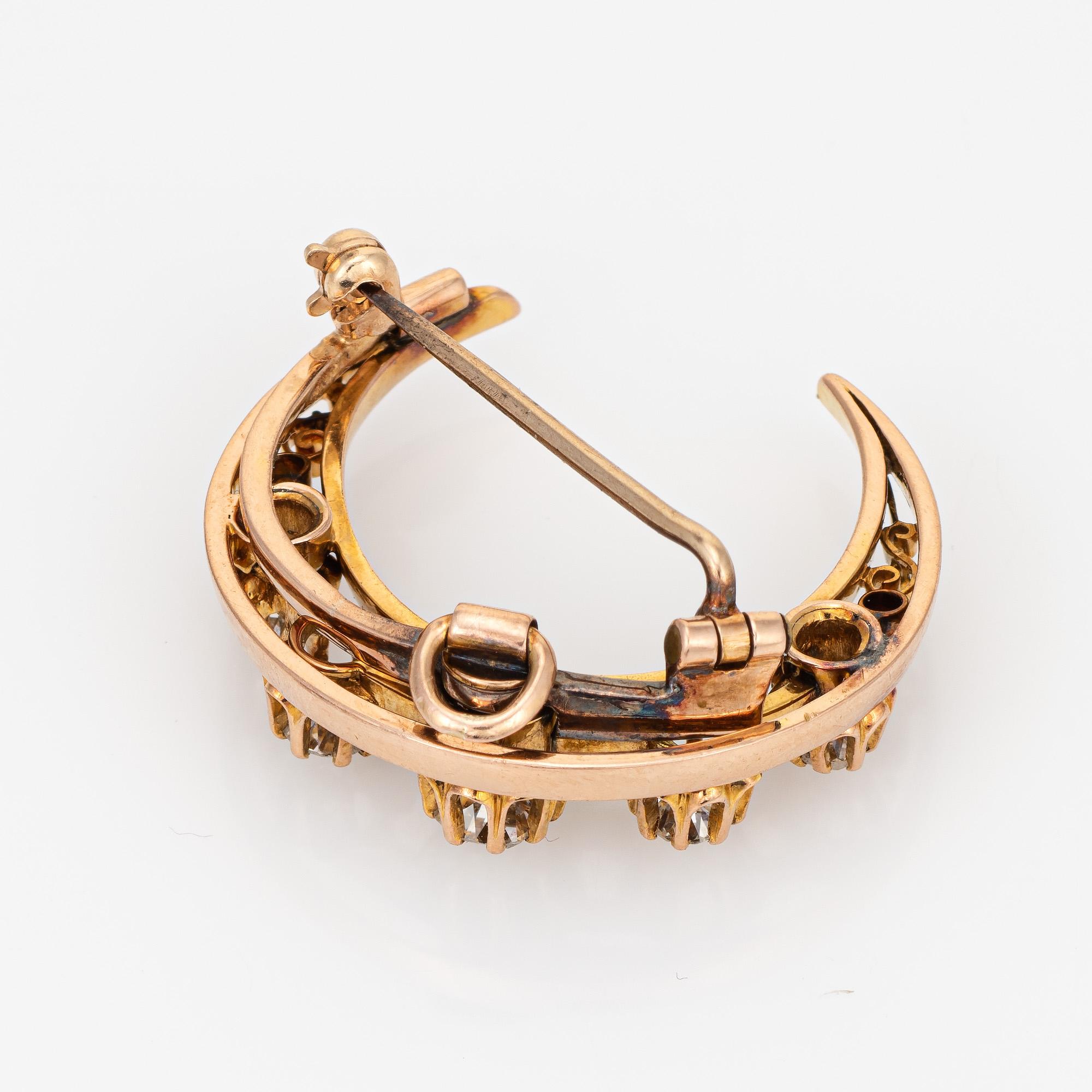 Taille vieille mine Broche étoile céleste victorienne ancienne avec pendentif croissant de lune en or 14 carats et diamants