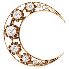 Antique Victorian Diamond Pendant Crescent Moon 14k Gold Star Celestial Brooch