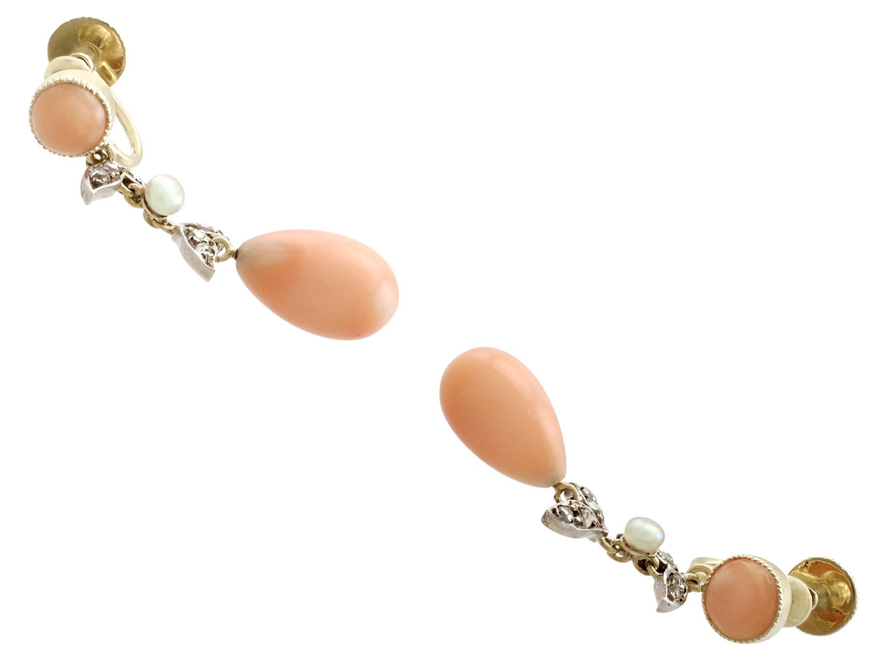 Pear Cut Antique Victorian Diamond, Pink Coral Seed Pearl and Yellow Gold Drop Earrings