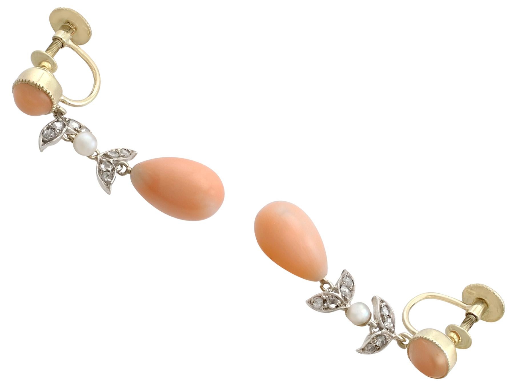 Antique Victorian Diamond, Pink Coral Seed Pearl and Yellow Gold Drop Earrings In Excellent Condition In Jesmond, Newcastle Upon Tyne