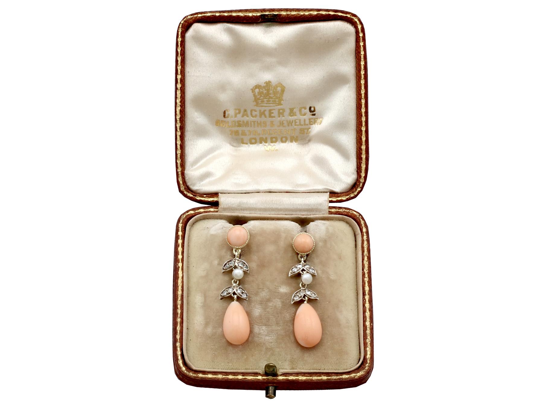 Antique Victorian Diamond, Pink Coral Seed Pearl and Yellow Gold Drop Earrings 3
